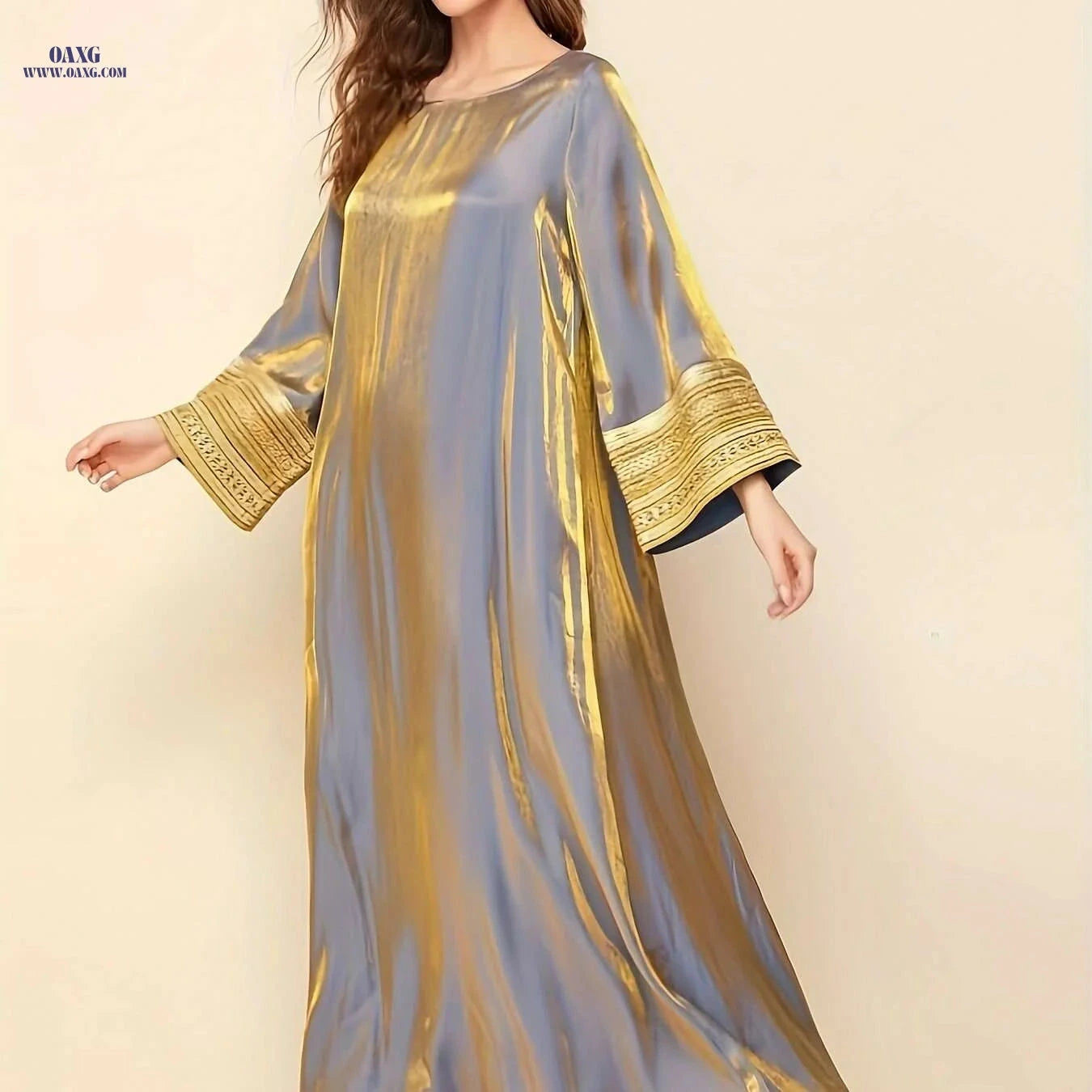 Elegant Kaftan Dress - Long Sleeve, Lace Trim Women’s Maxi   OAXG Gray + Golden / S