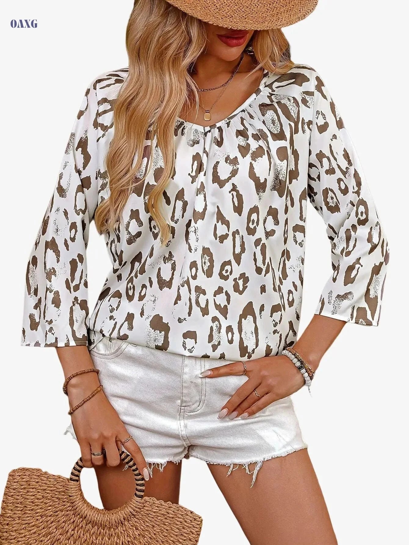 Elegant Khaki Leopard Print Shirt - Deep V-Neck, Seven-Eighth Sleeve   OAXG 