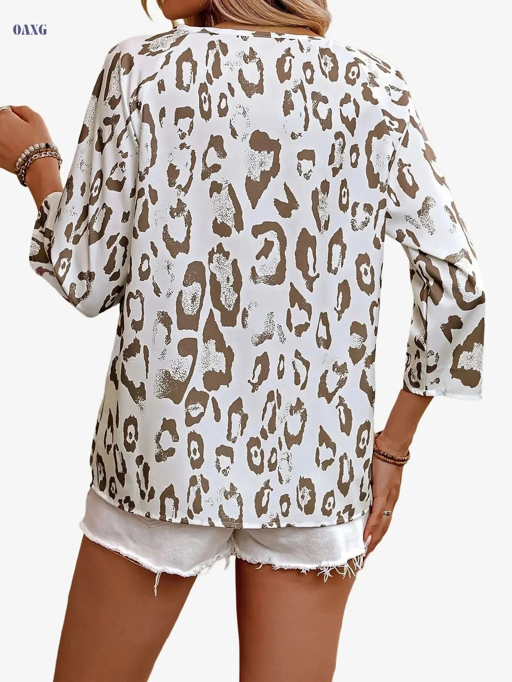 Elegant Khaki Leopard Print Shirt - Deep V-Neck, Seven-Eighth Sleeve   OAXG 