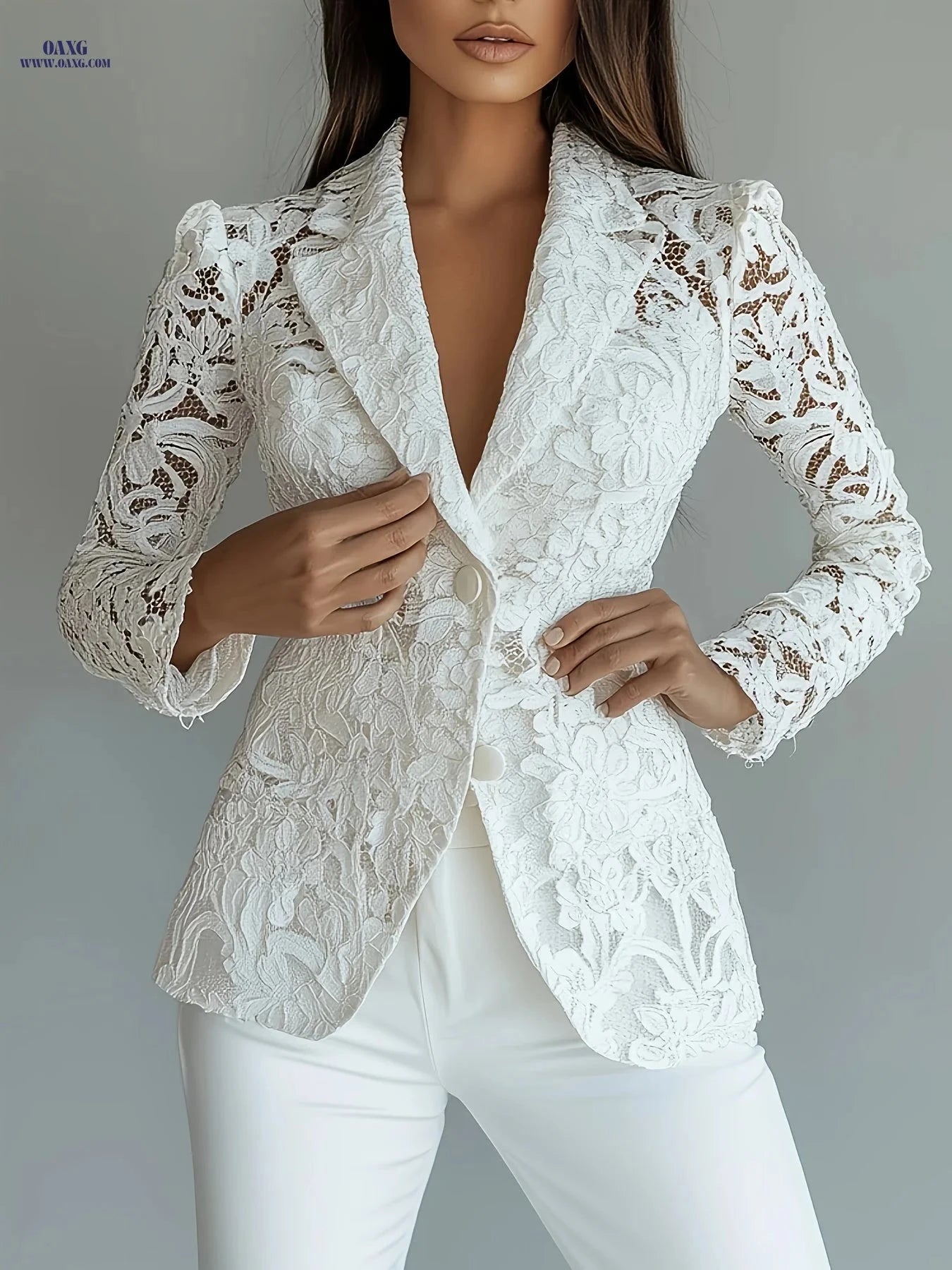Elegant Lace Blazer - Tailored Single-Breasted, Long Sleeve Style   OAXG Black / S
