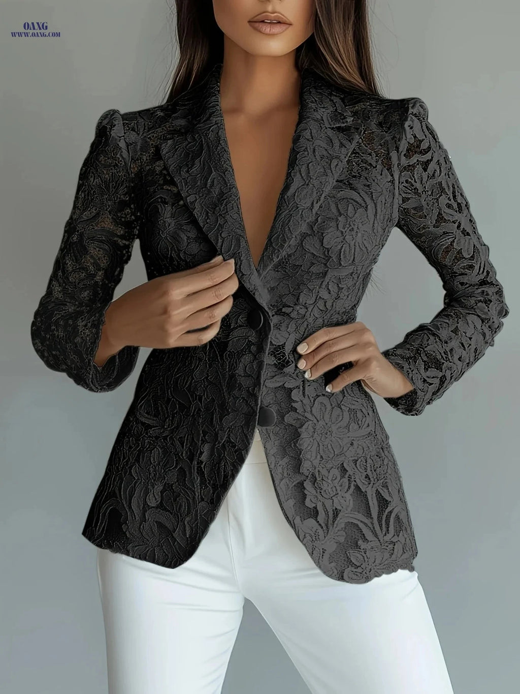Elegant Lace Blazer - Tailored Single-Breasted, Long Sleeve Style   OAXG Black / S