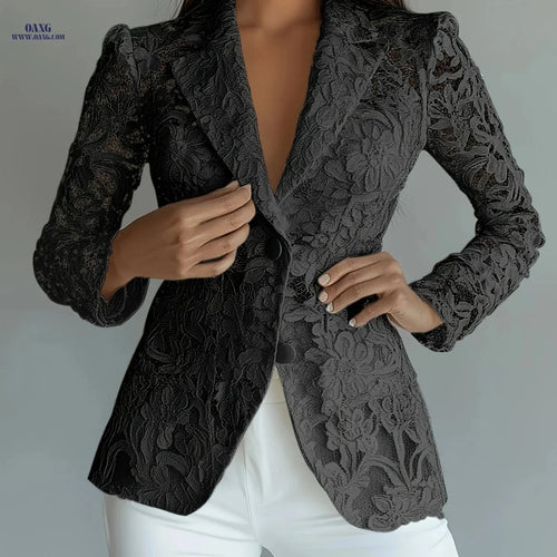 Elegant Lace Blazer - Tailored Single-Breasted, Long Sleeve Style   OAXG 