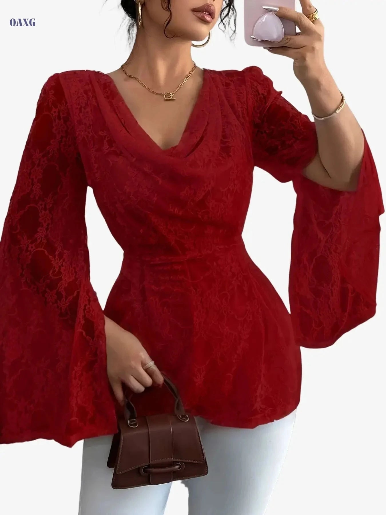 Elegant Lace Blouse - Semi-Sheer Women's Top for All Seasons   OAXG White / S