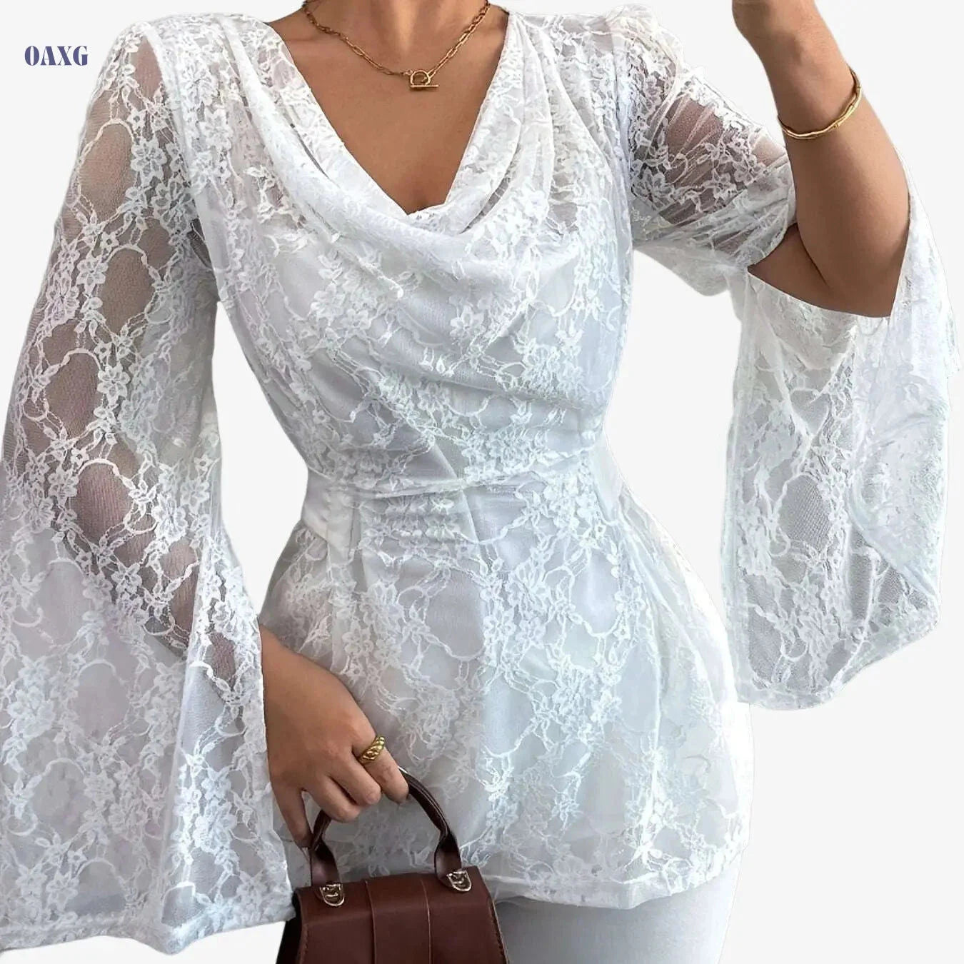 Elegant Lace Blouse - Semi-Sheer Women's Top for All Seasons   OAXG White / S