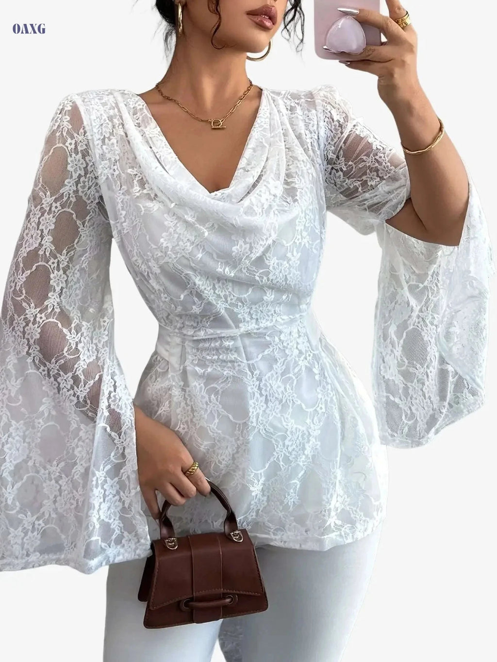 Elegant Lace Blouse - Semi-Sheer Women's Top for All Seasons   OAXG White / S