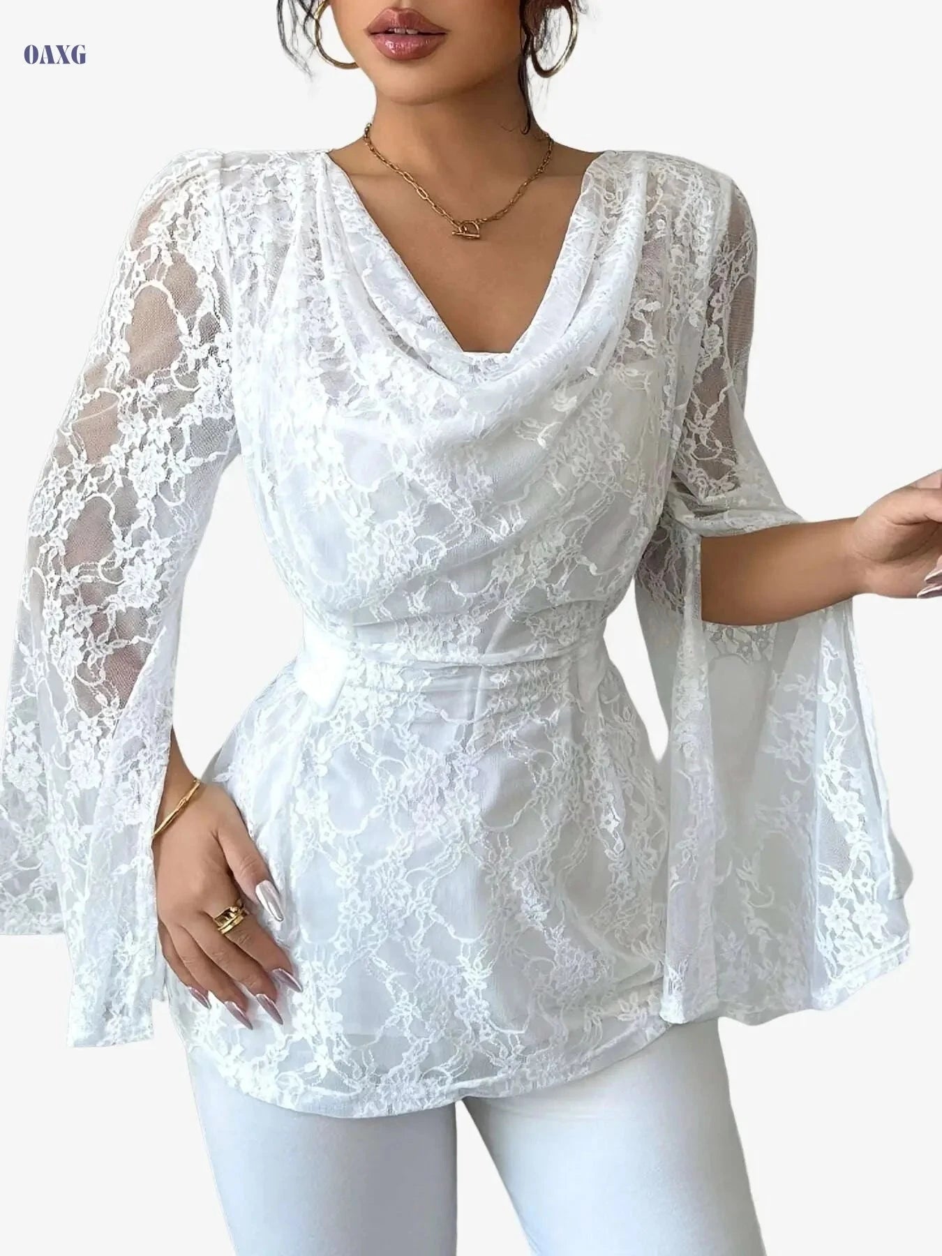 Elegant Lace Blouse - Semi-Sheer Women's Top for All Seasons   OAXG White / S