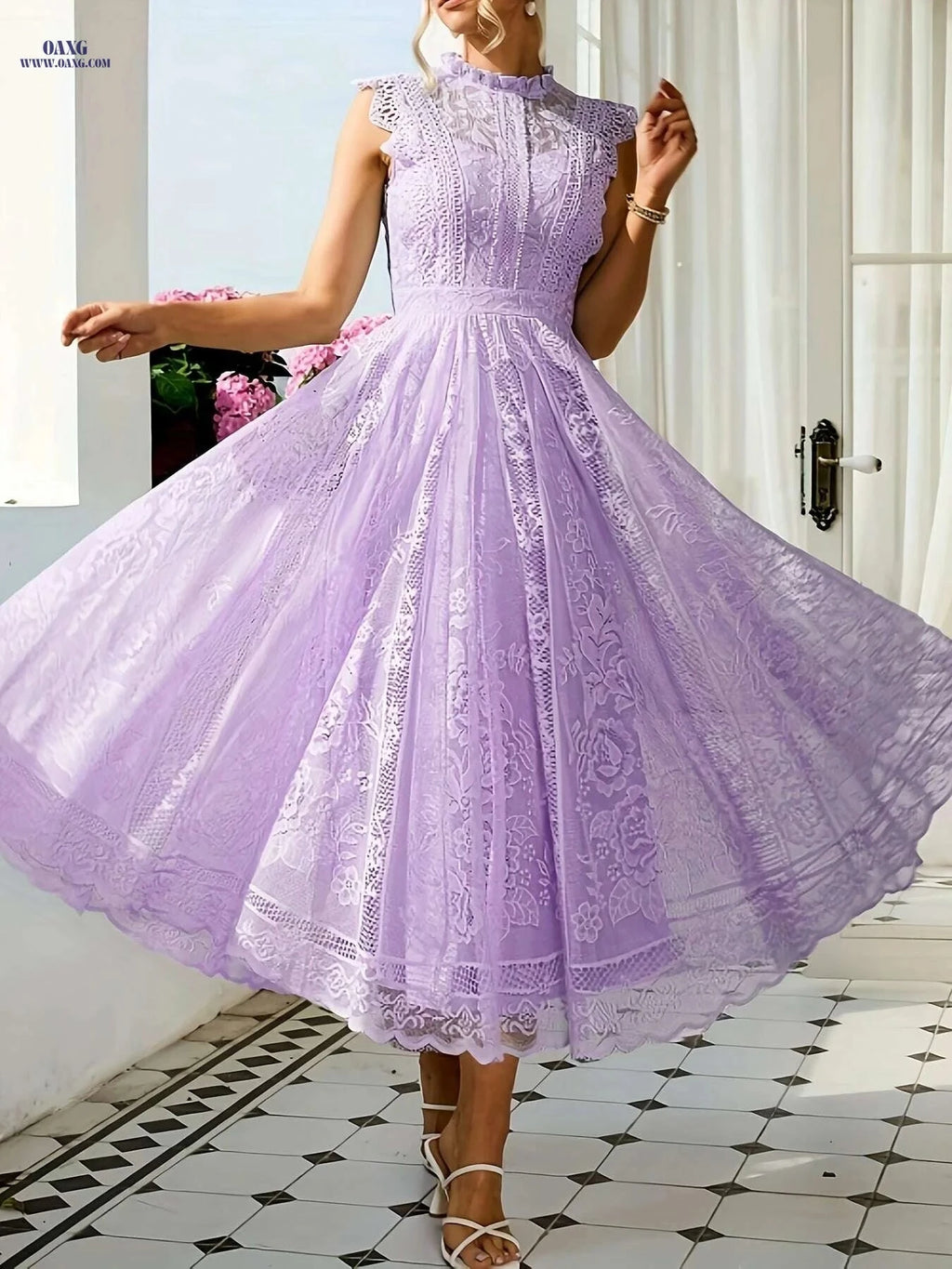 Elegant Lace Flared Dress for Women - Long Length, Sleeveless Style   OAXG 