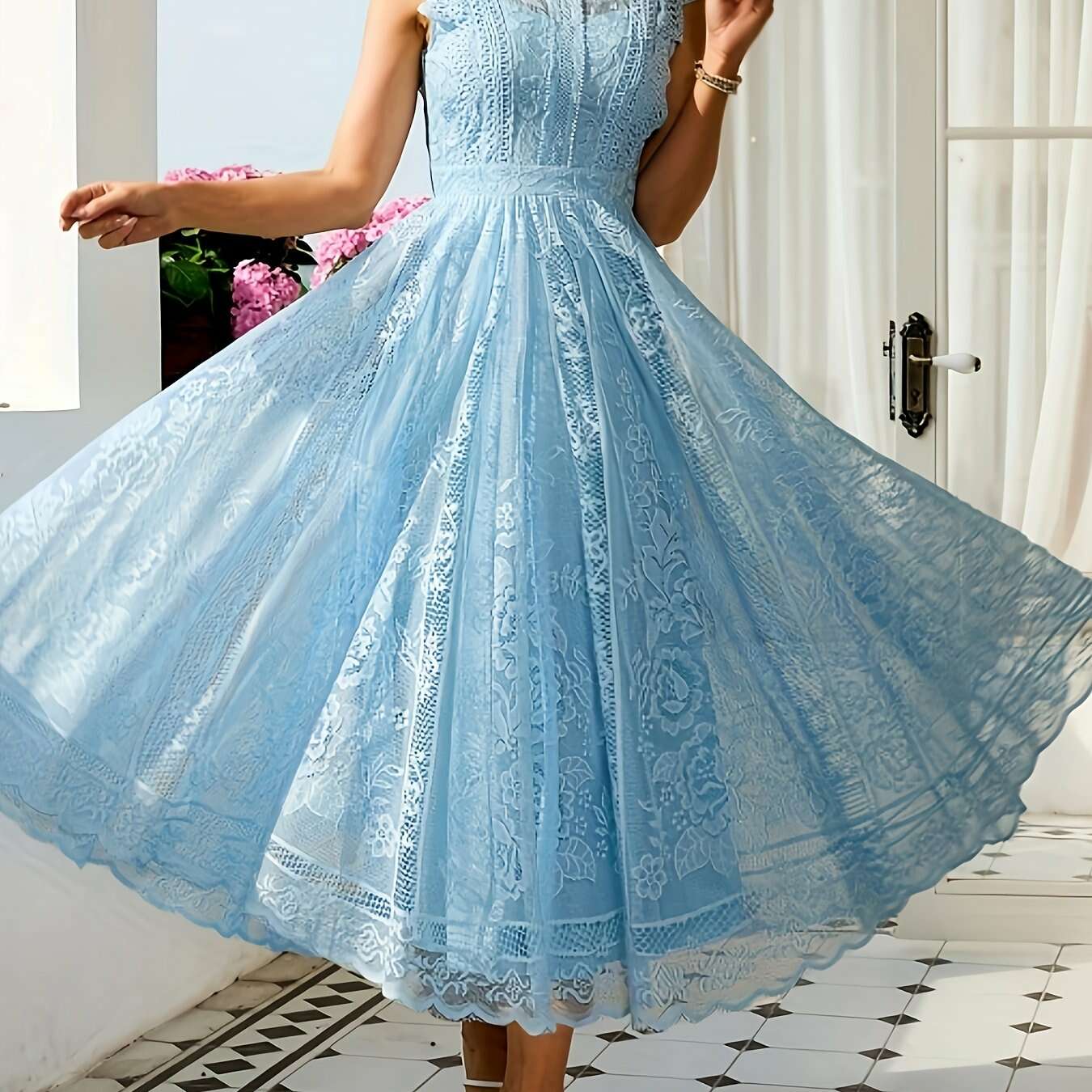 Elegant Lace Flared Dress for Women - Long Length, Sleeveless Style   OAXG 