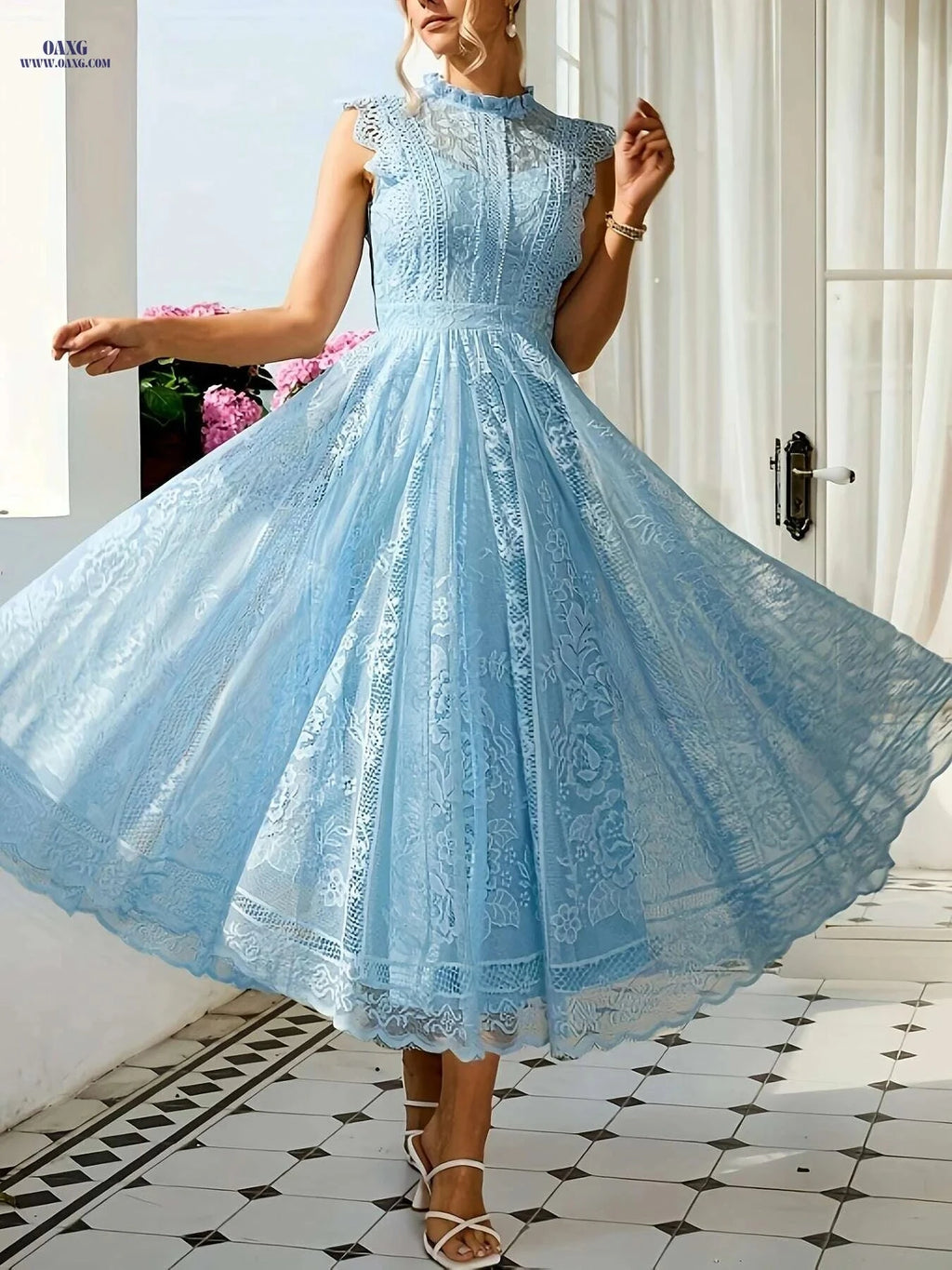 Elegant Lace Flared Dress for Women - Long Length, Sleeveless Style   OAXG 
