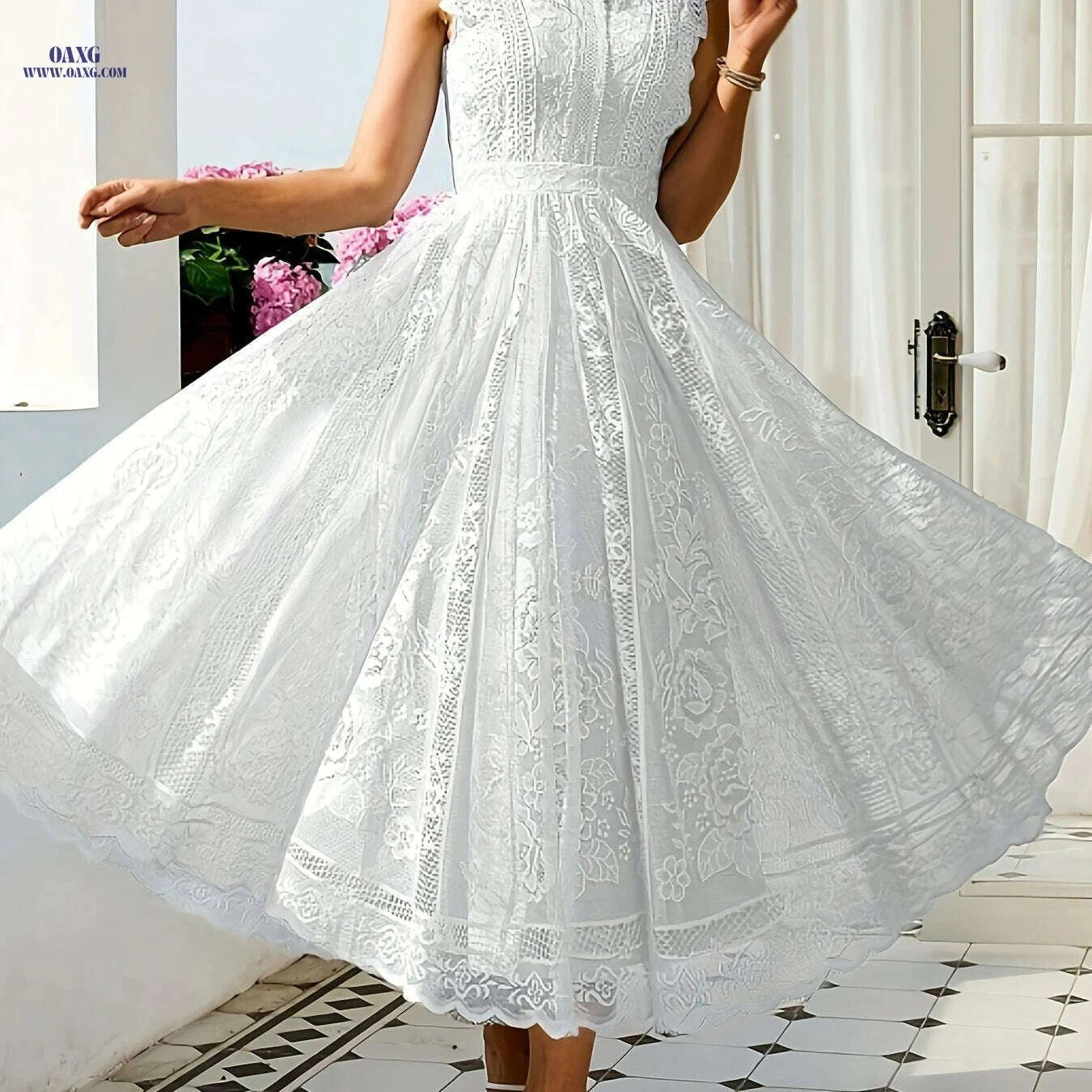 Elegant Lace Flared Dress for Women - Long Length, Sleeveless Style   OAXG 