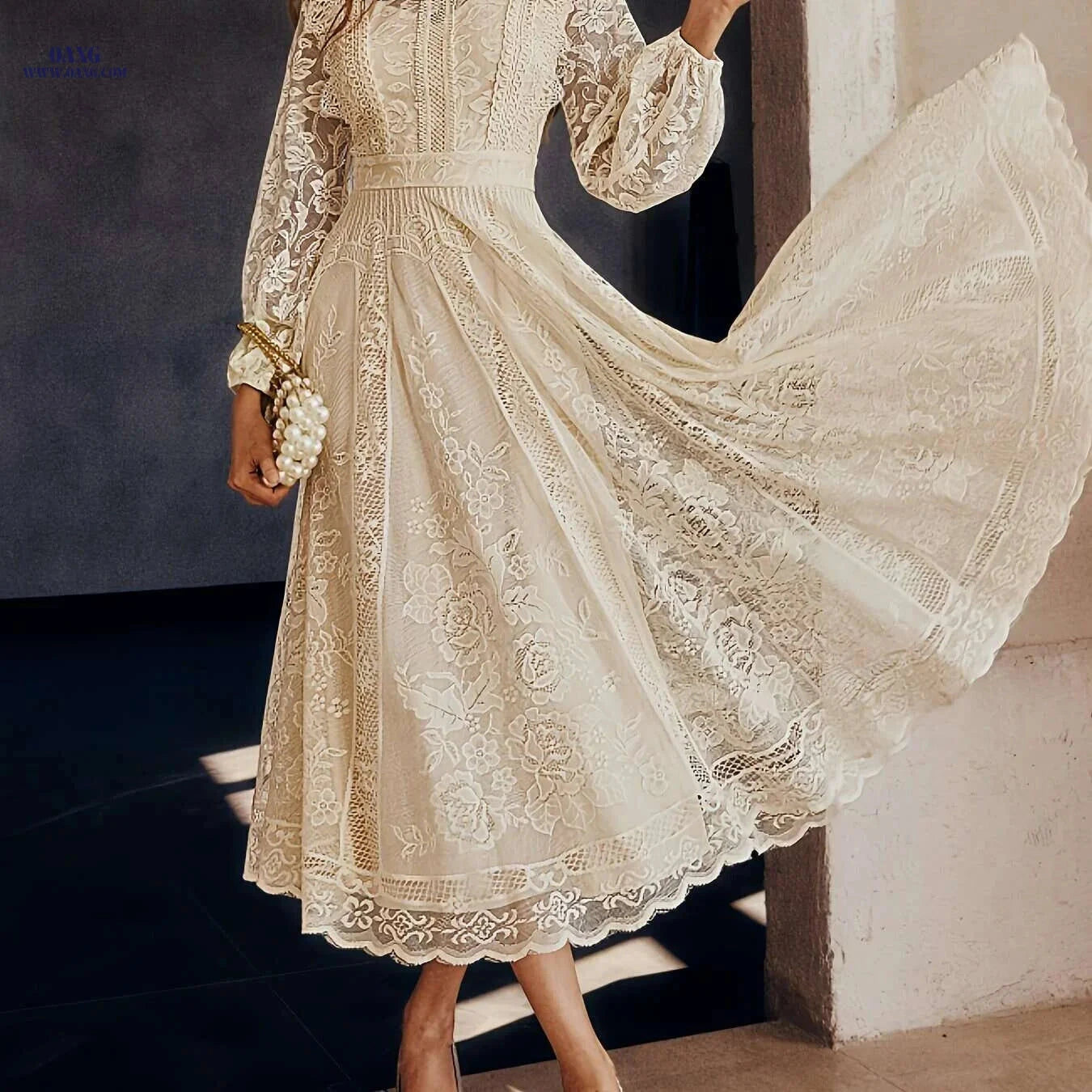 Elegant Lace Flared Dress for Women - Long Length, Sleeveless Style   OAXG 