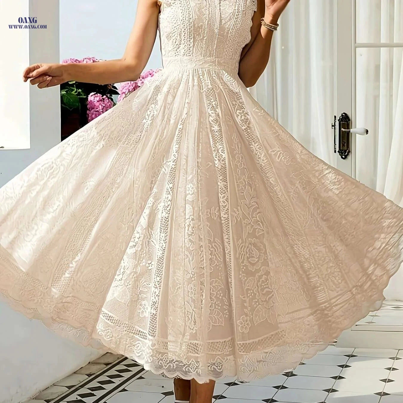 Elegant Lace Flared Dress for Women - Long Length, Sleeveless Style   OAXG 