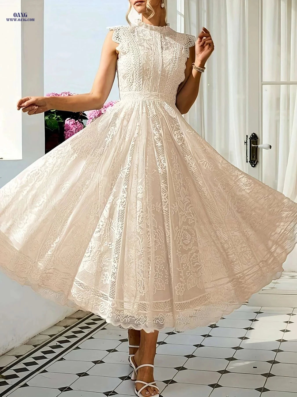 Elegant Lace Flared Dress for Women - Long Length, Sleeveless Style   OAXG 