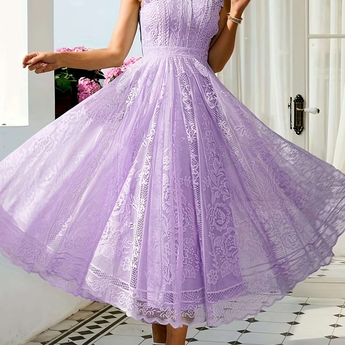 Elegant Lace Flared Dress for Women - Long Length, Sleeveless Style   OAXG Sky Blue / XS