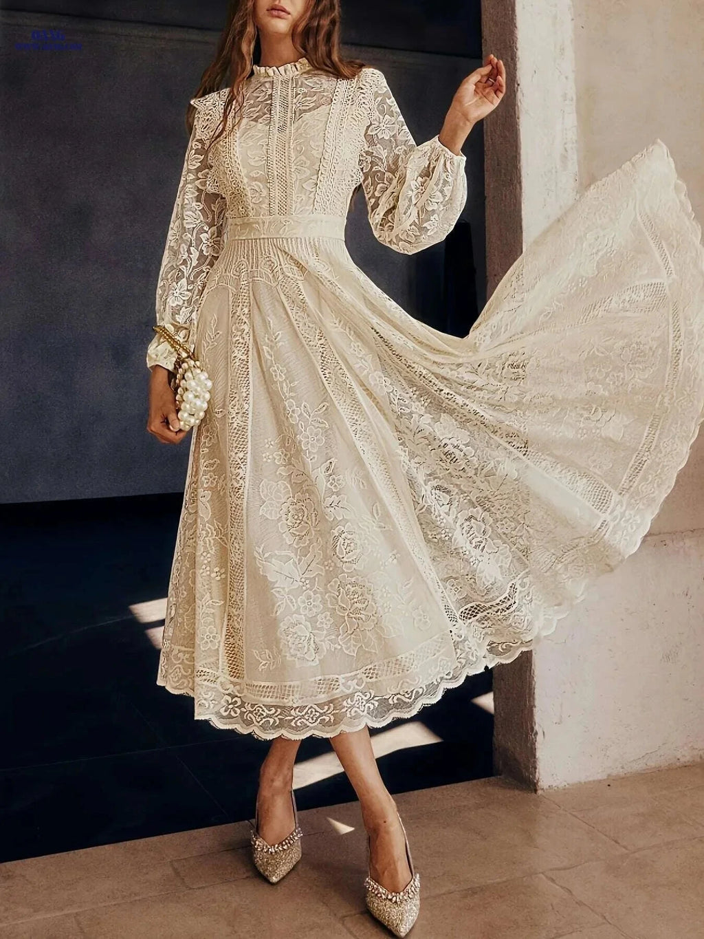 Elegant Lace Flared Dress for Women - Long Length, Sleeveless Style   OAXG Sky Blue / XS