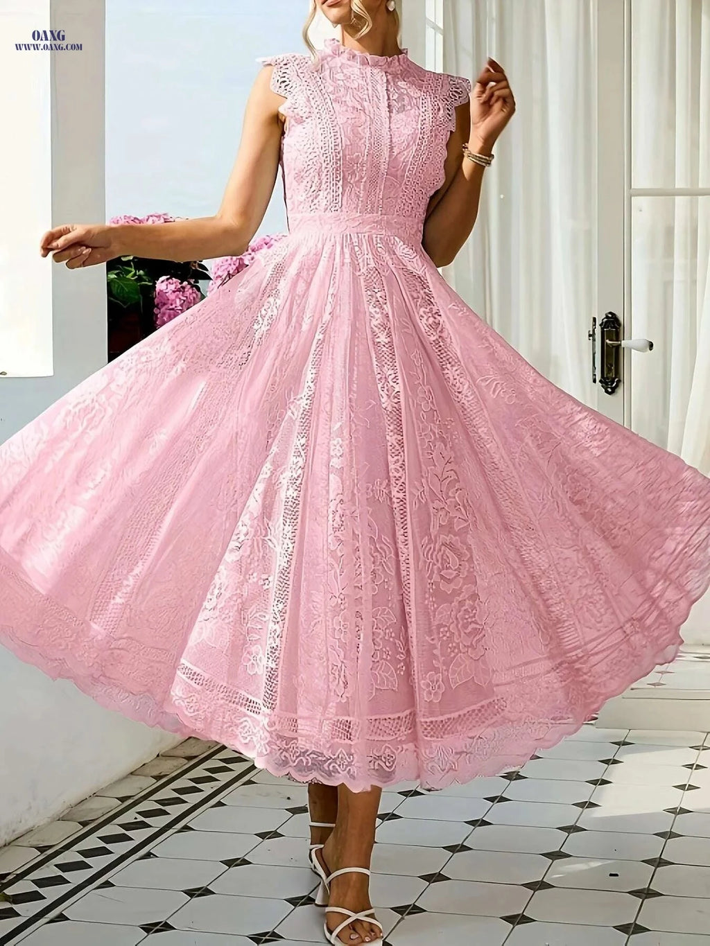 Elegant Lace Flared Dress for Women - Long Length, Sleeveless Style   OAXG Sky Blue / XS