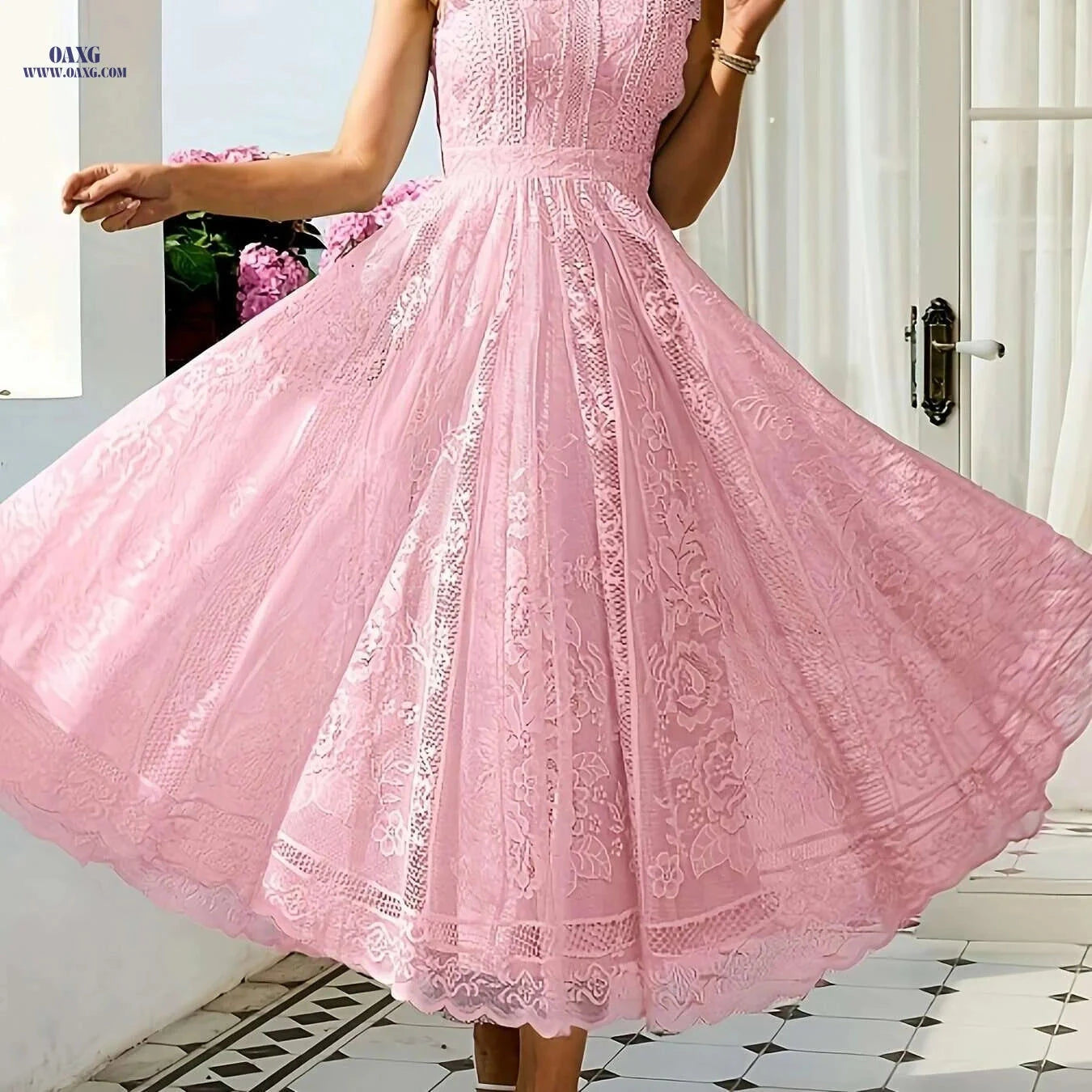 Elegant Lace Flared Dress for Women - Long Length, Sleeveless Style   OAXG Sky Blue / XS