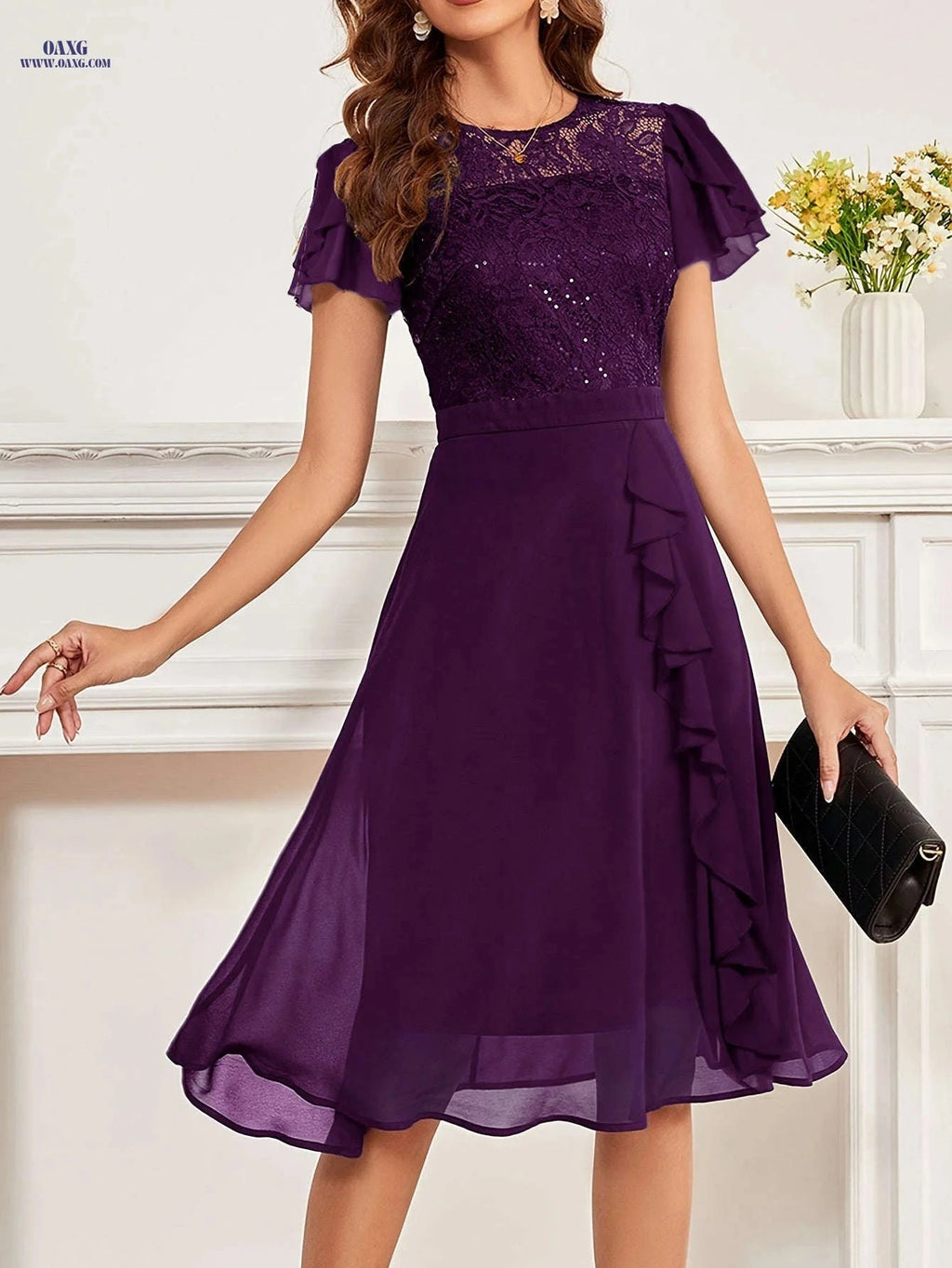 Elegant Lace Trim Bridesmaid Dress - Mid-Length Chiffon Gown   OAXG Purple / S