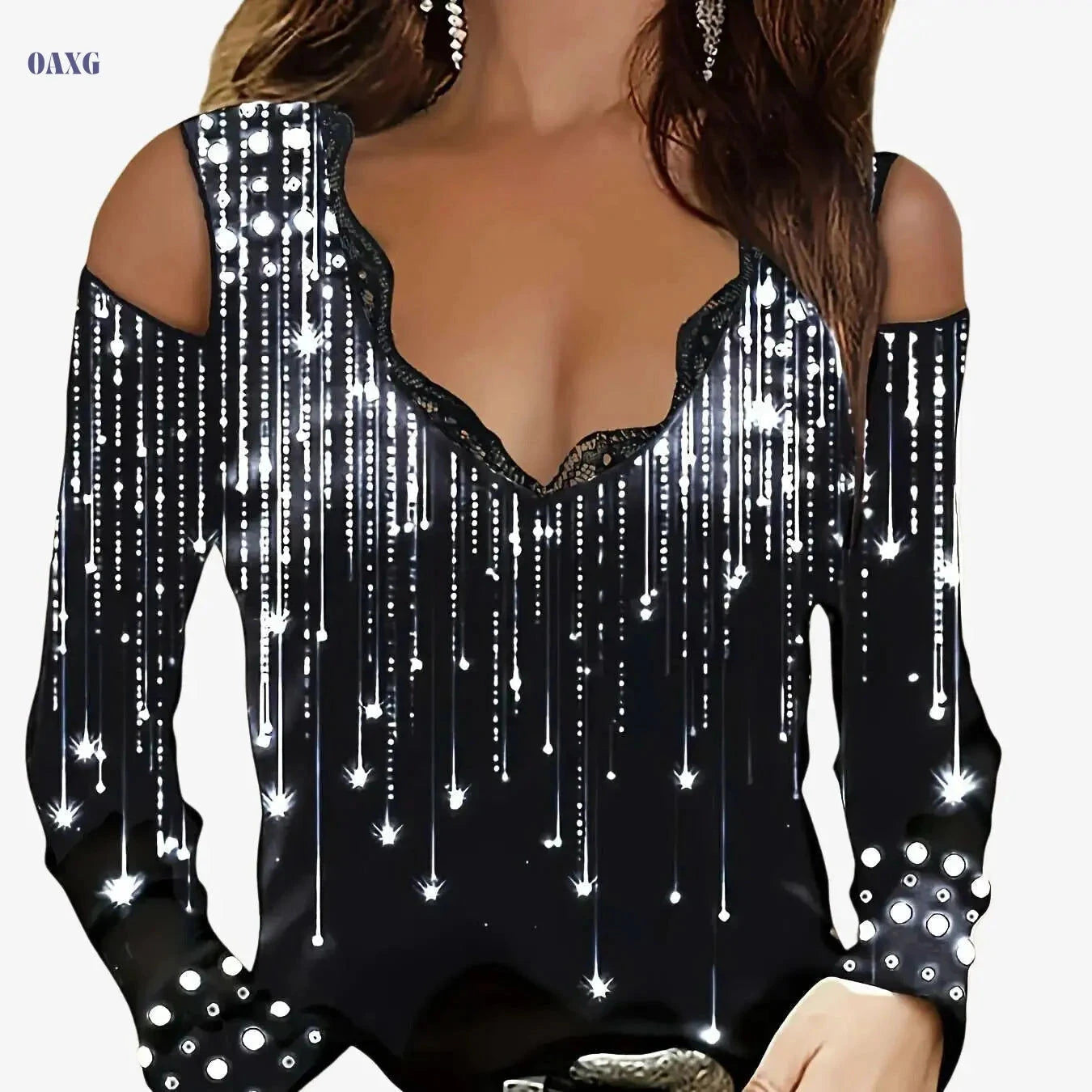 Elegant Lace Trim V-Neck T-Shirt - Women's Cold Shoulder Top   OAXG 