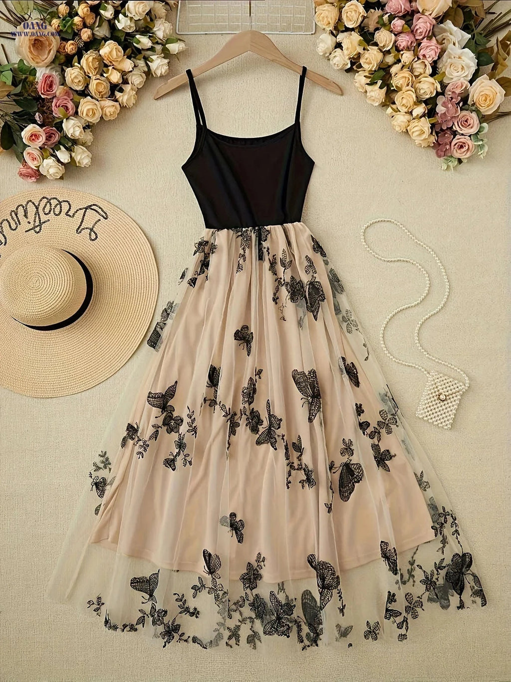 Elegant Lace & Tulle Cami Dress - Backless Sleeveless Design for Summer   OAXG Black+Apricot / S