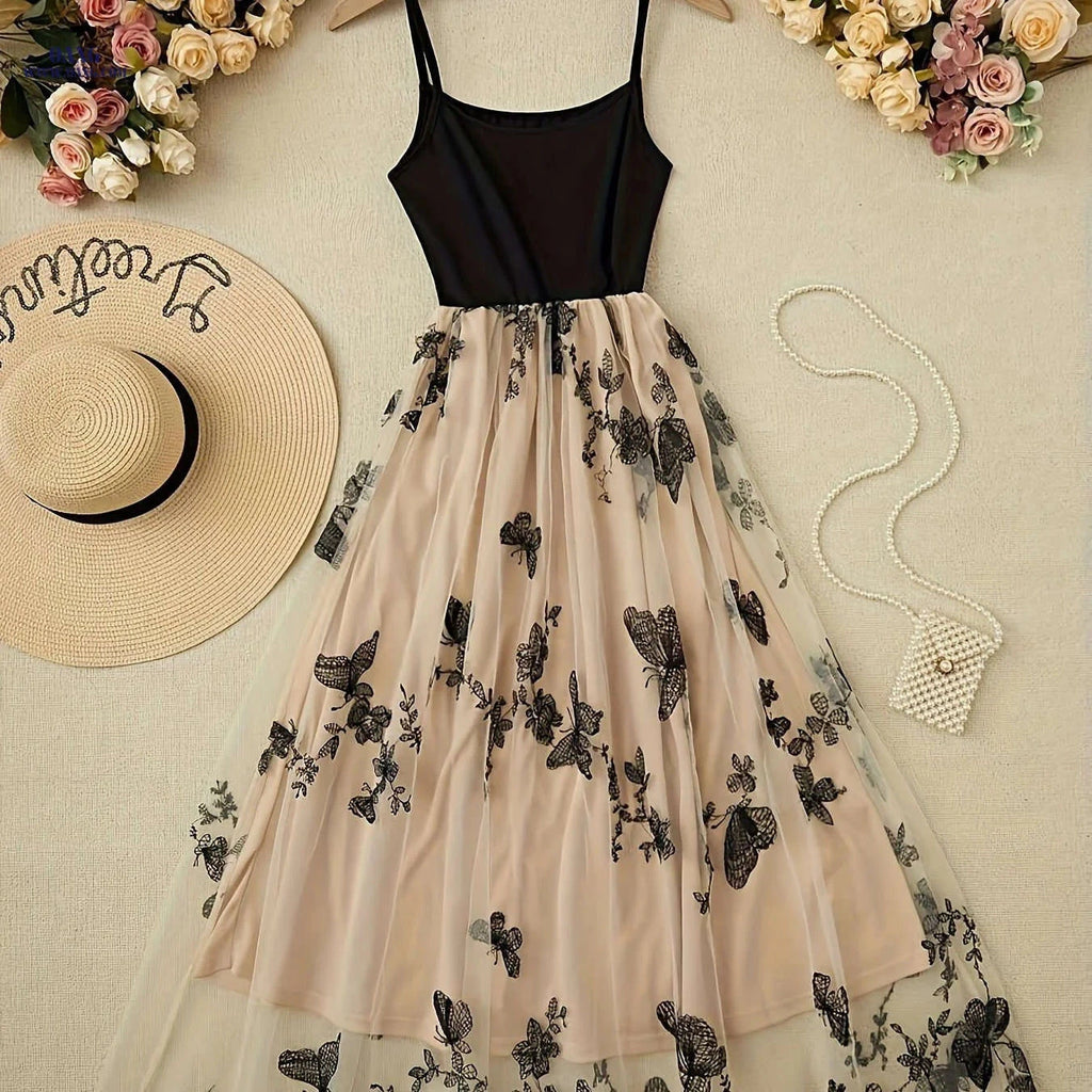 Elegant Lace & Tulle Cami Dress - Backless Sleeveless Design for Summer   OAXG Black+Apricot / S