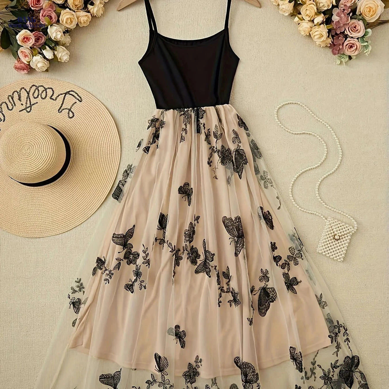 Elegant Lace & Tulle Cami Dress - Backless Sleeveless Design for Summer   OAXG Black+Apricot / S