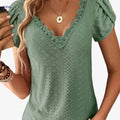 Elegant Lace V-Neck Top - Short Sleeve Petal Design for Summer   OAXG 