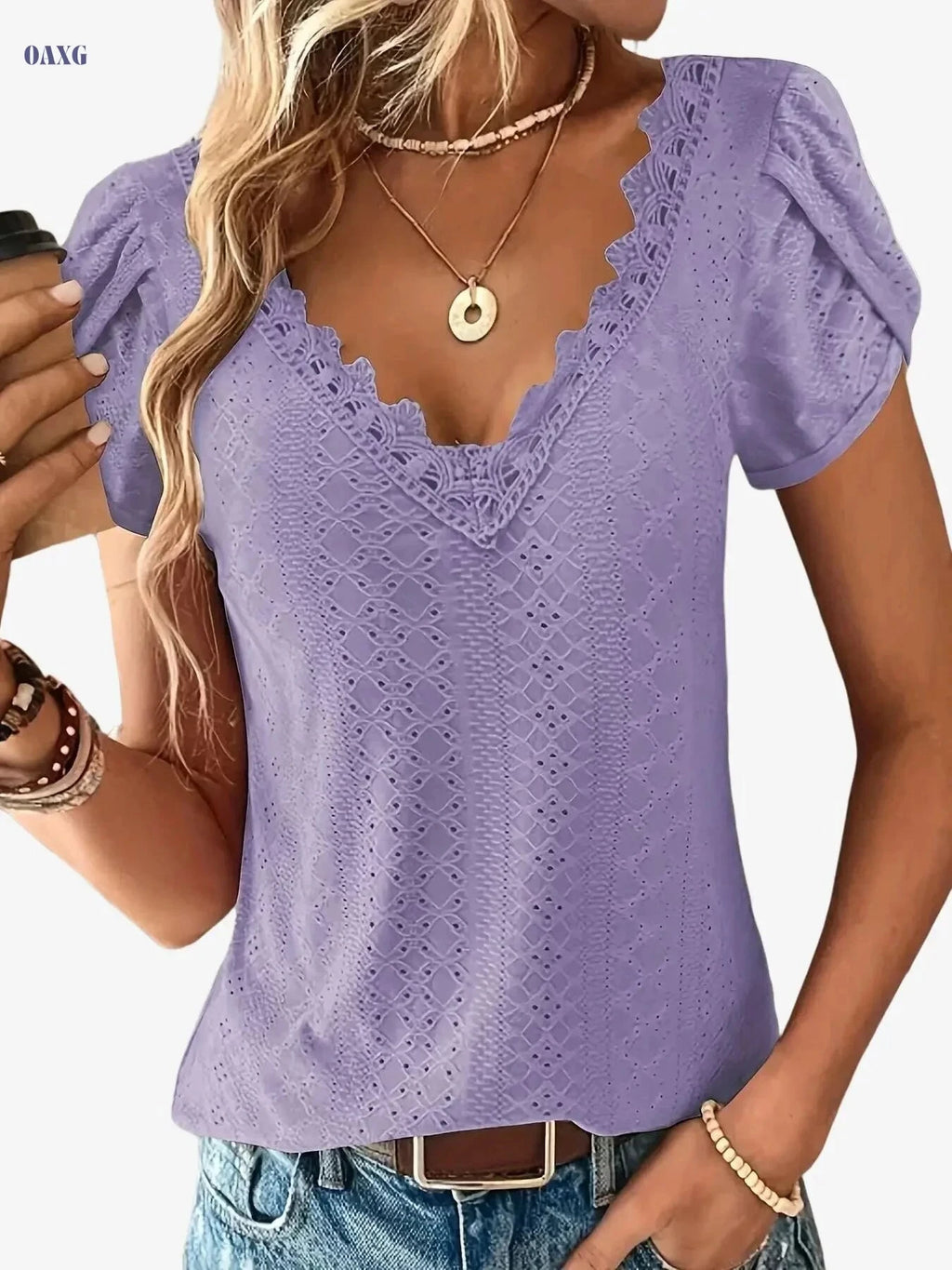 Elegant Lace V-Neck Top - Short Sleeve Petal Design for Summer   OAXG 
