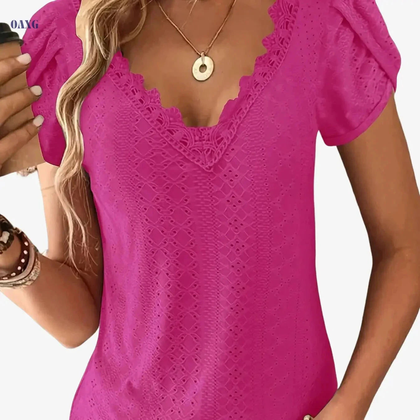Elegant Lace V-Neck Top - Short Sleeve Petal Design for Summer   OAXG Army Green / S