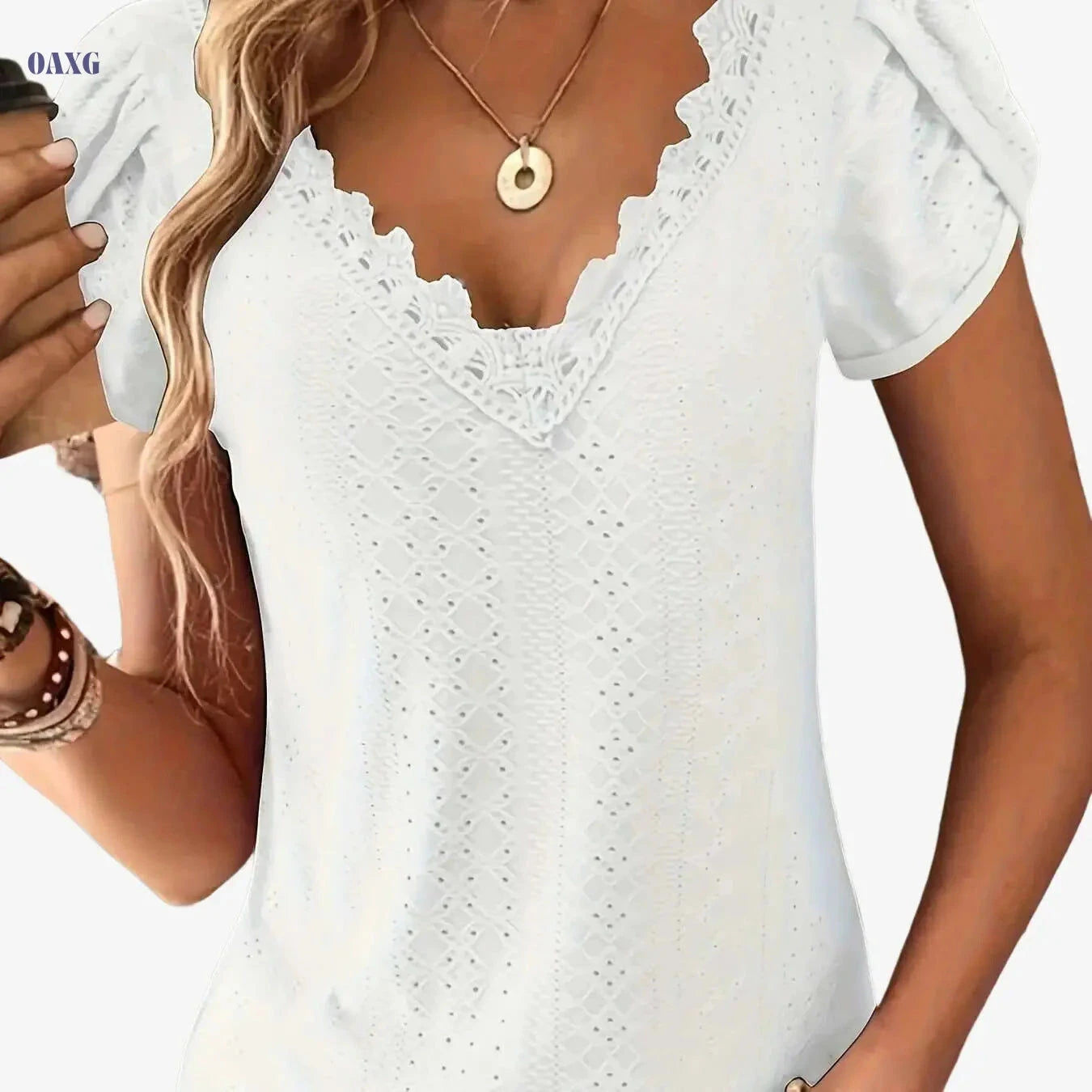 Elegant Lace V-Neck Top - Short Sleeve Petal Design for Summer   OAXG Army Green / S