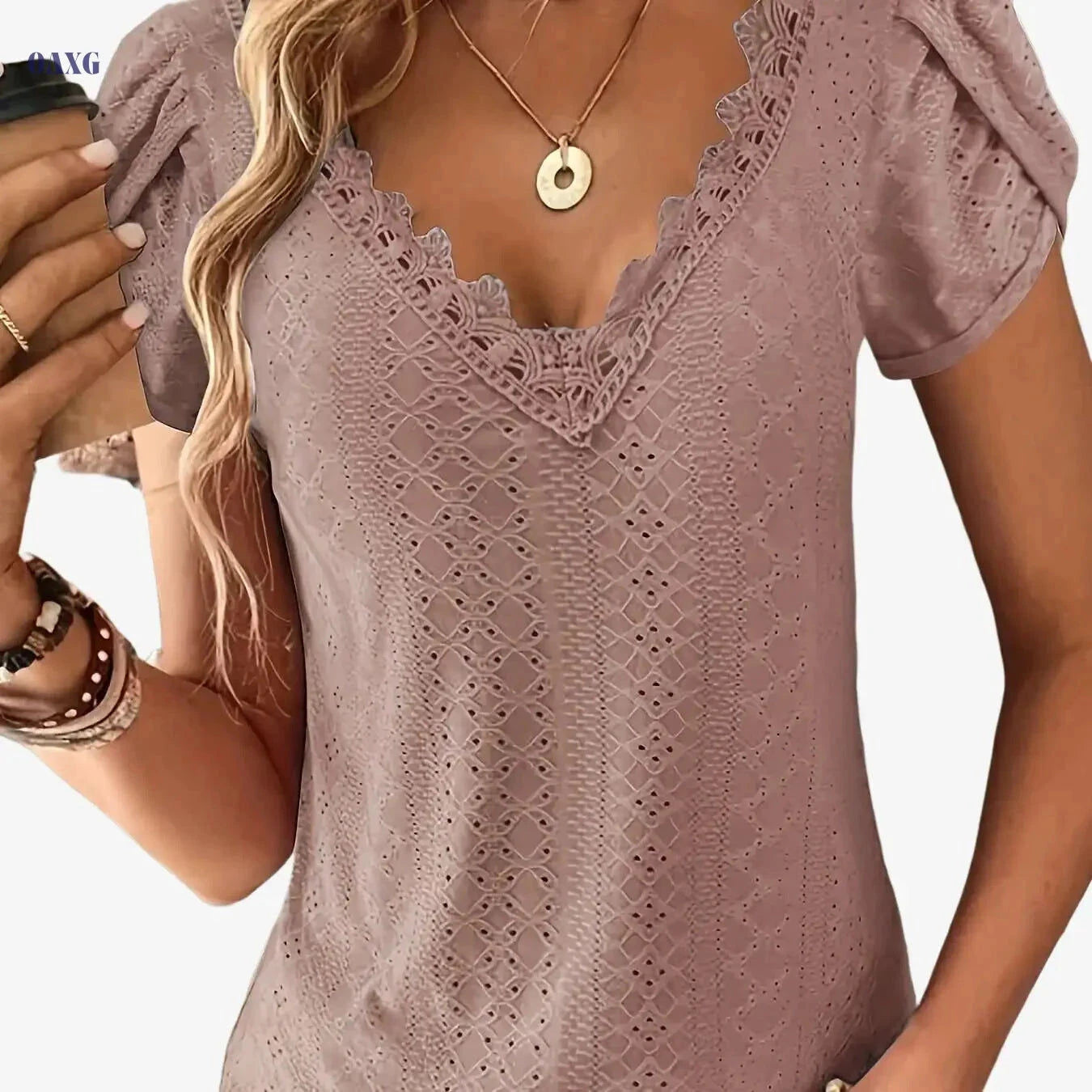 Elegant Lace V-Neck Top - Short Sleeve Petal Design for Summer   OAXG Army Green / S