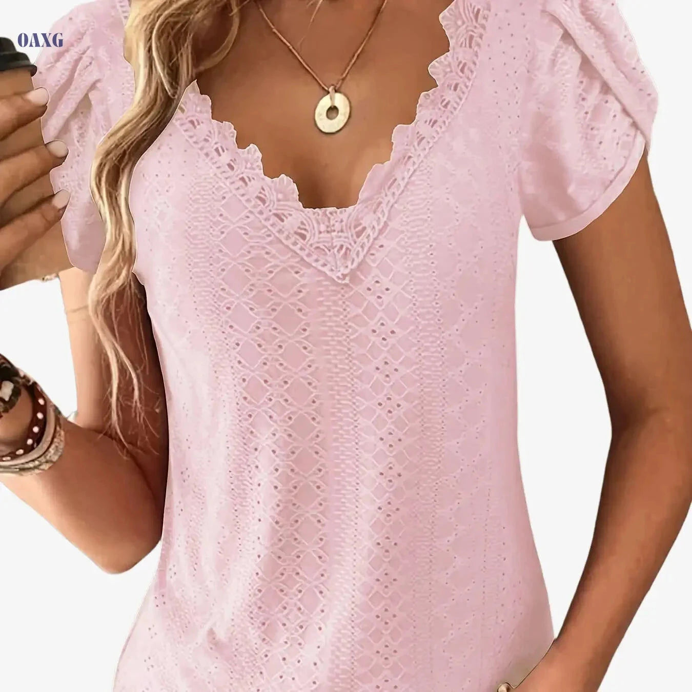 Elegant Lace V-Neck Top - Short Sleeve Petal Design for Summer   OAXG Army Green / S
