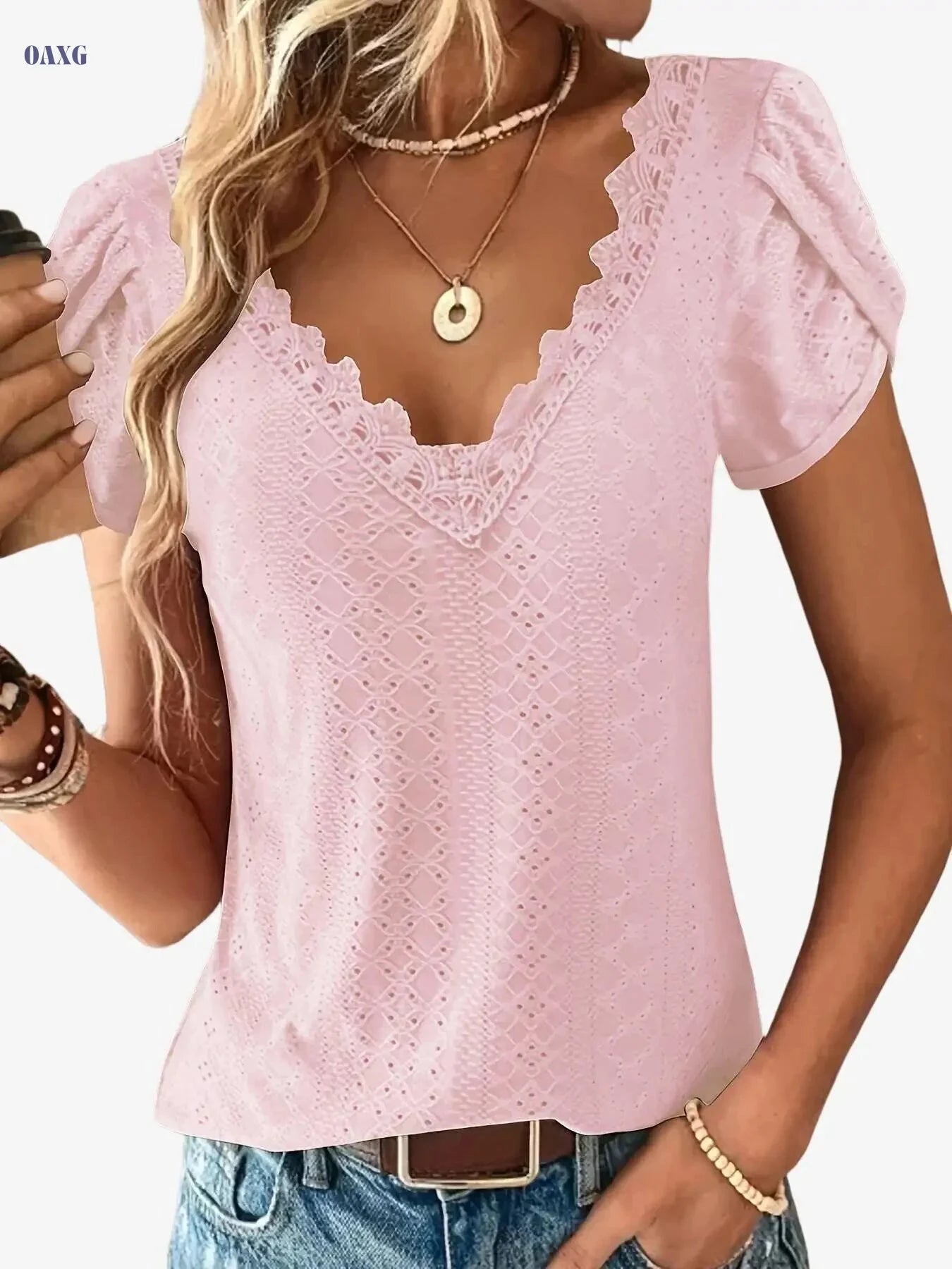 Elegant Lace V-Neck Top - Short Sleeve Petal Design for Summer   OAXG Army Green / S