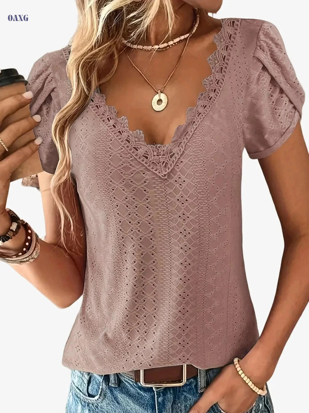 Elegant Lace V-Neck Top - Short Sleeve Petal Design for Summer   OAXG Army Green / S