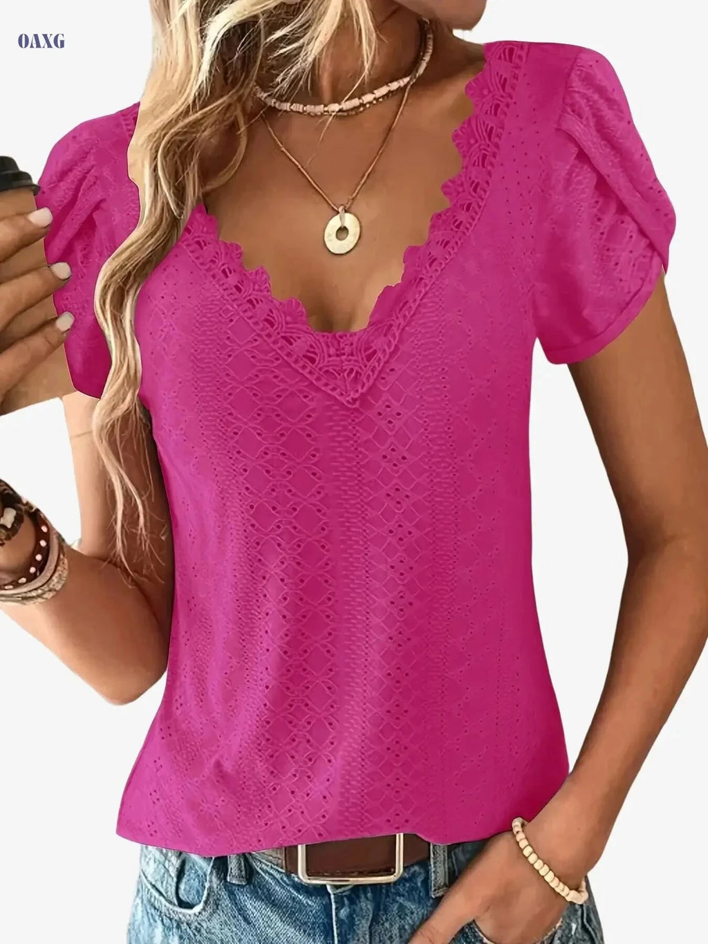 Elegant Lace V-Neck Top - Short Sleeve Petal Design for Summer   OAXG 