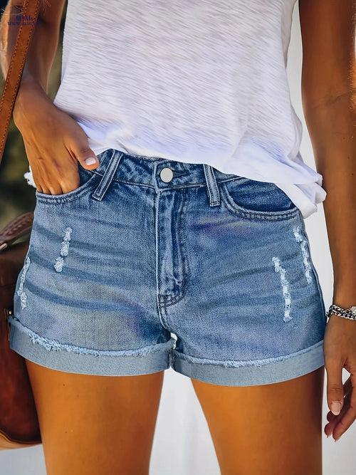 Elegant Ladies' Distressed Fringe Shorts - Summer Denim Style   OAXG 