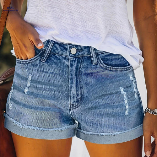 Elegant Ladies' Distressed Fringe Shorts - Summer Denim Style   OAXG 