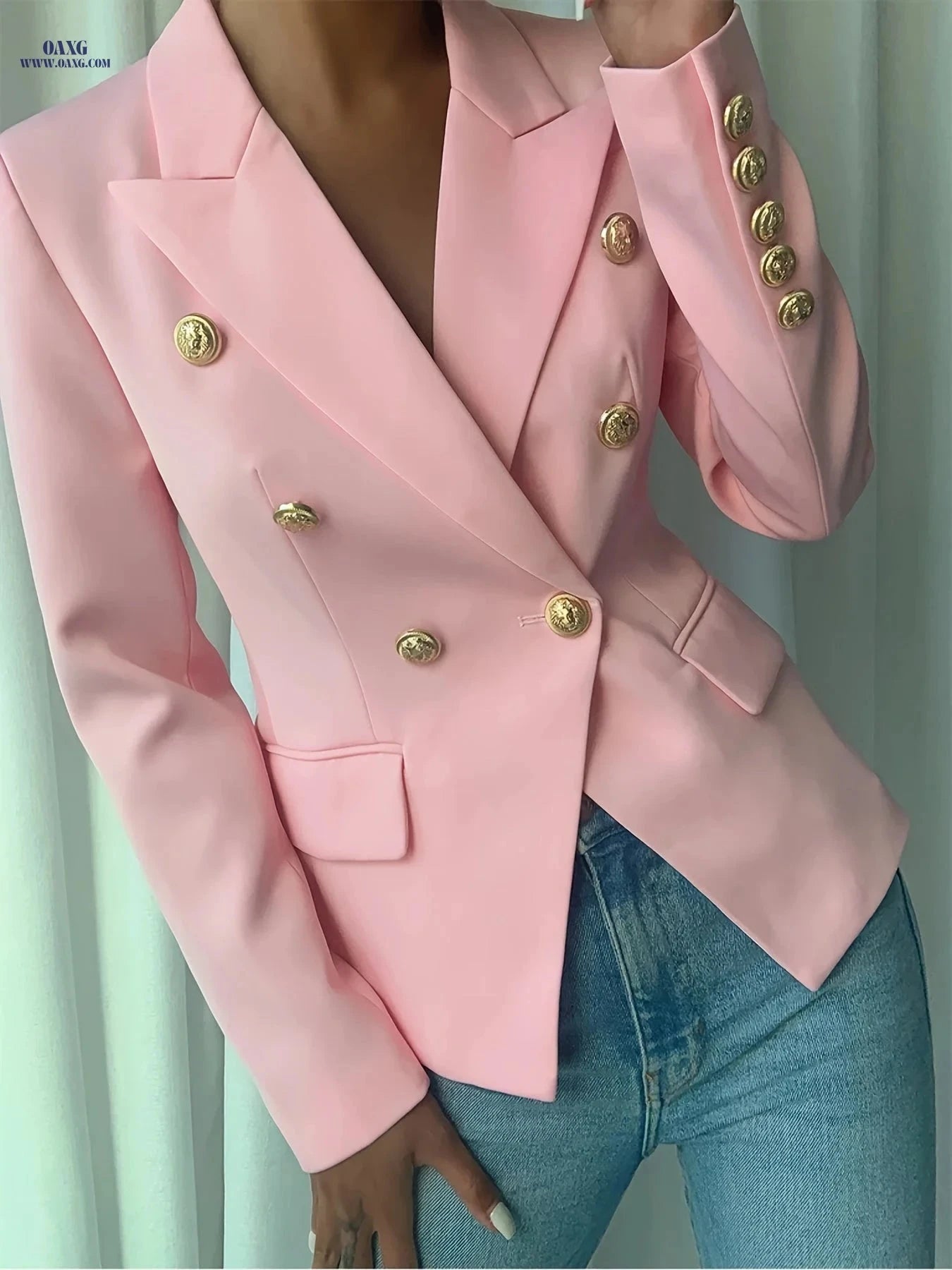 Elegant Ladies' Double-Breasted Suit - 100% Polyester, Long Sleeve   OAXG 