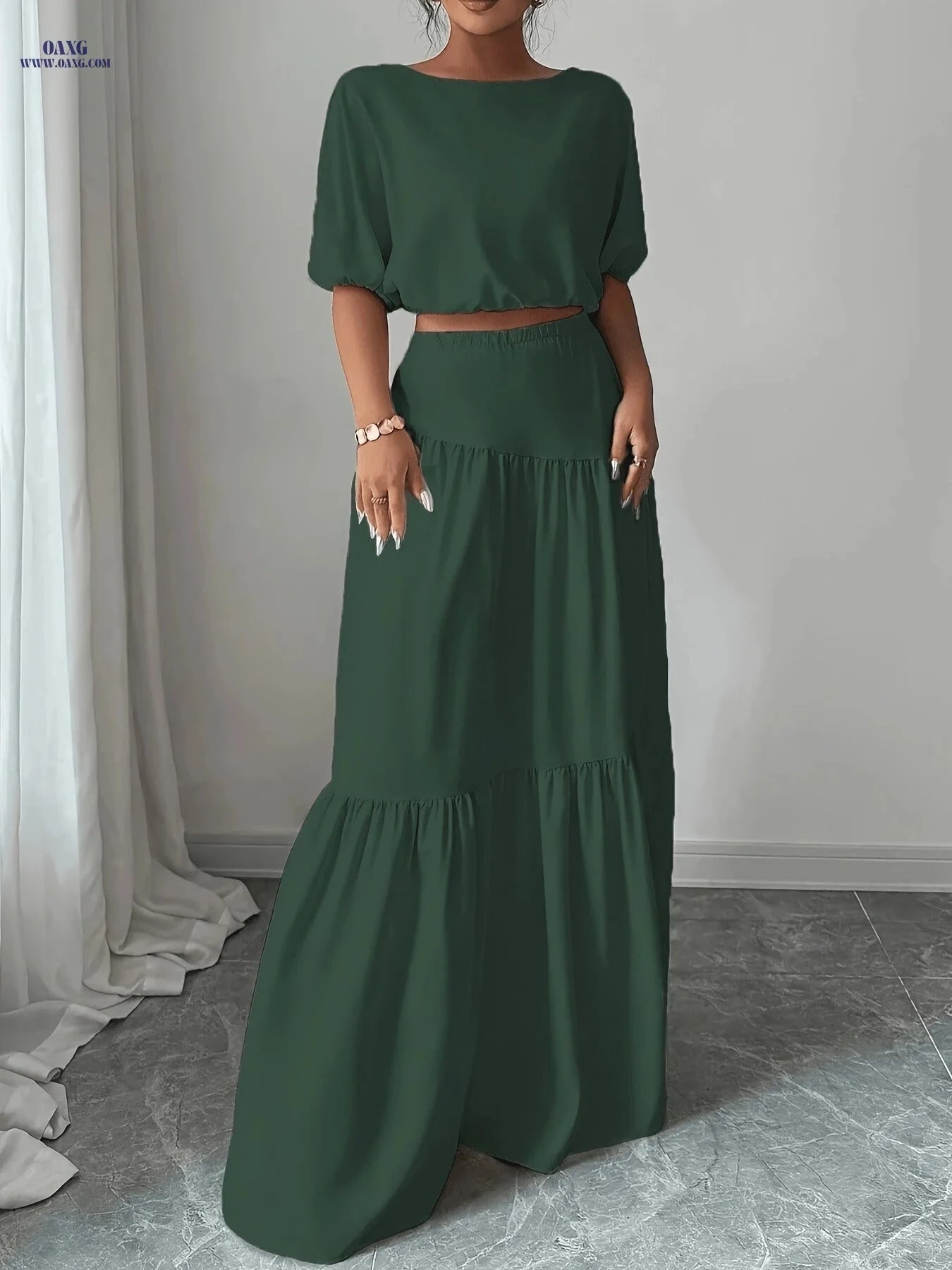 Elegant Ladies' Solid Color Skirt Set - 100% Polyester, Spring Fashion   OAXG 