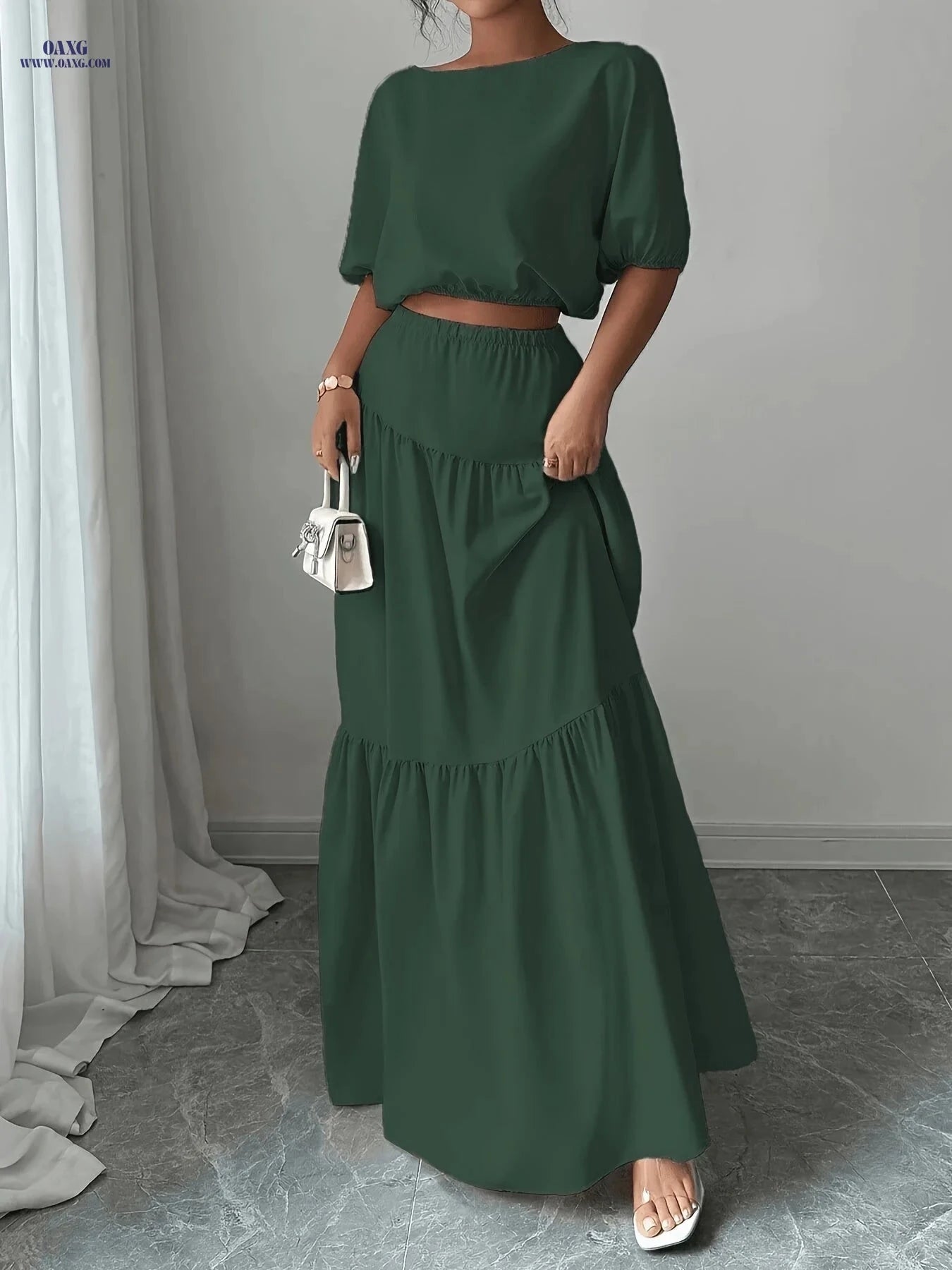 Elegant Ladies' Solid Color Skirt Set - 100% Polyester, Spring Fashion   OAXG 