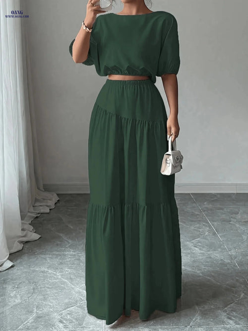 Elegant Ladies' Solid Color Skirt Set - 100% Polyester, Spring Fashion   OAXG Deep Green / S