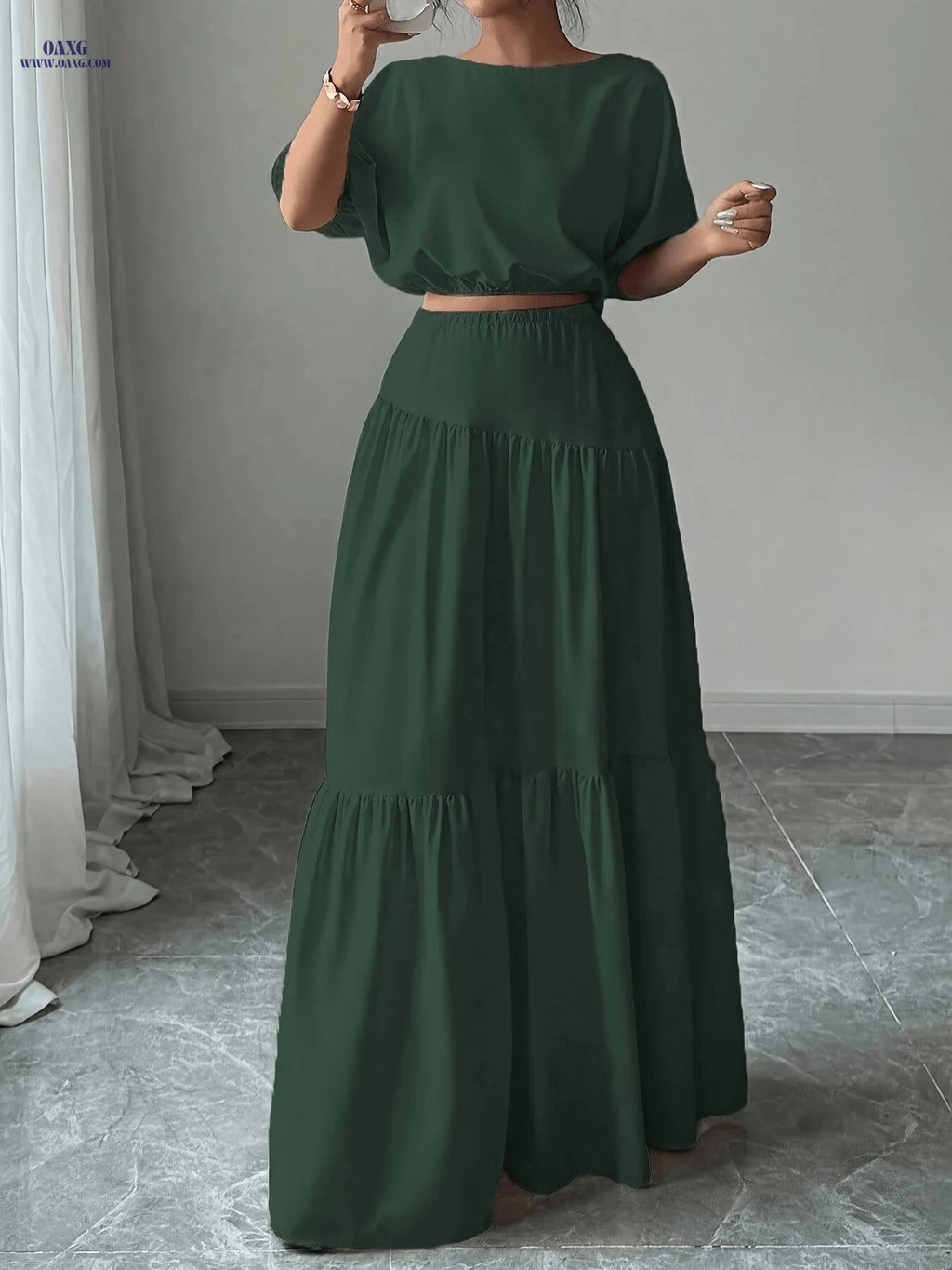 Elegant Ladies' Solid Color Skirt Set - 100% Polyester, Spring Fashion   OAXG Deep Green / S