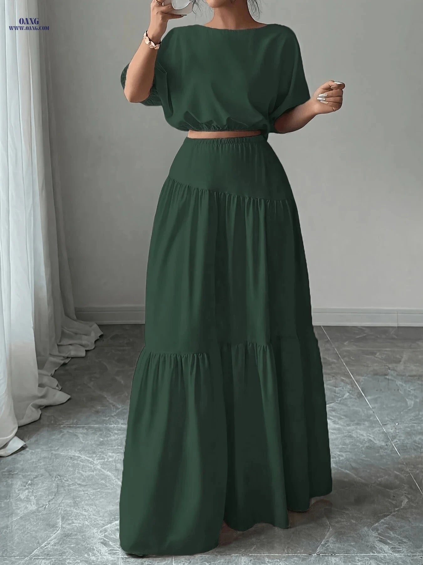 Elegant Ladies' Solid Color Skirt Set - 100% Polyester, Spring Fashion   OAXG Deep Green / S