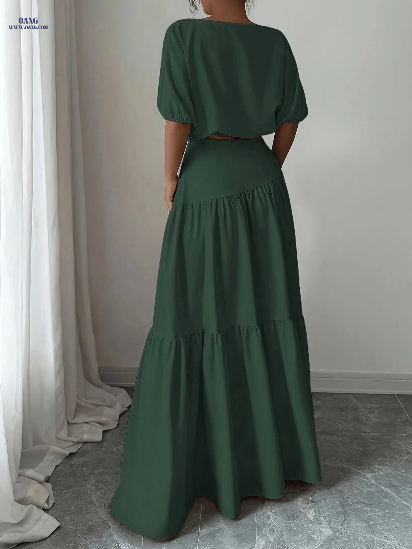 Elegant Ladies' Solid Color Skirt Set - 100% Polyester, Spring Fashion   OAXG Deep Green / S