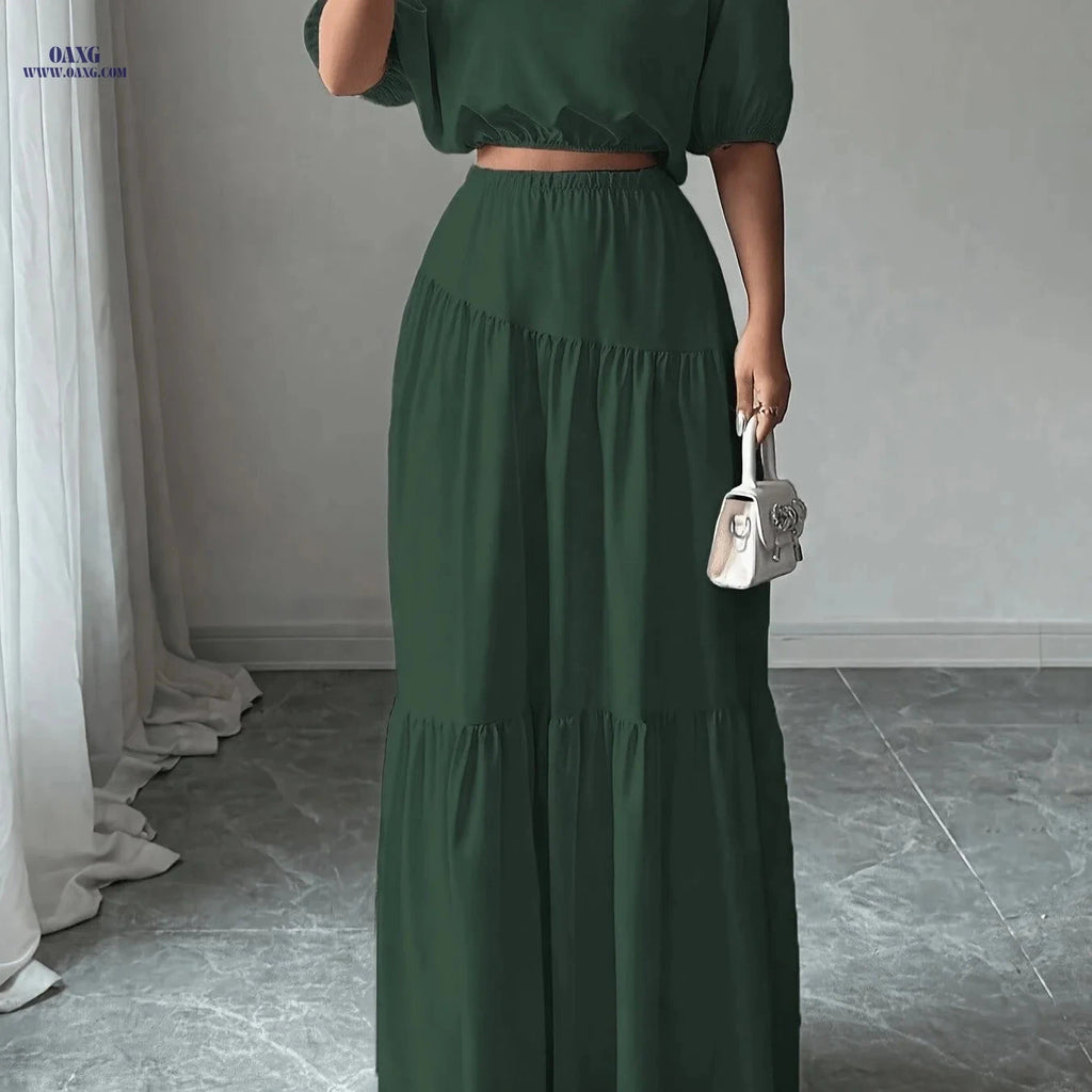 Elegant Ladies' Solid Color Skirt Set - 100% Polyester, Spring Fashion   OAXG Deep Green / S