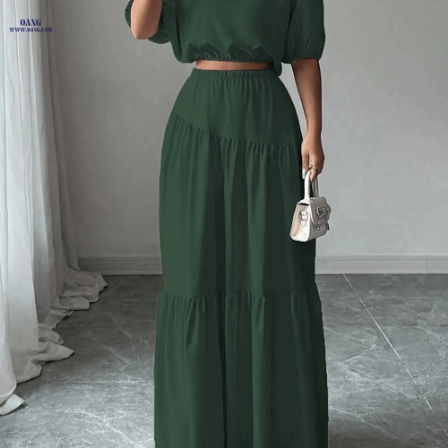 Elegant Ladies' Solid Color Skirt Set - 100% Polyester, Spring Fashion   OAXG Deep Green / S