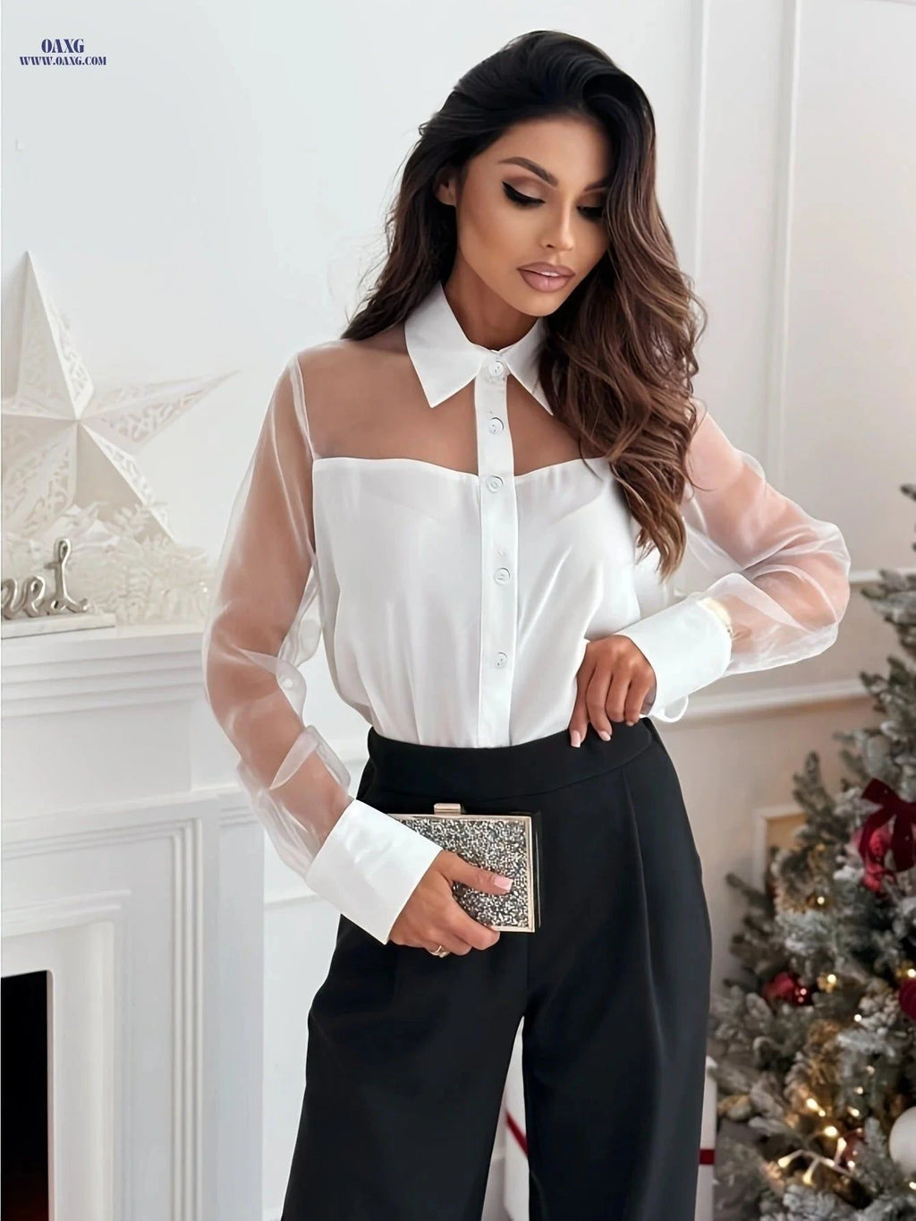 Elegant Lapel Long Sleeve Mesh Blouse - Sexy Patchwork Design for Women   OAXG Red / S