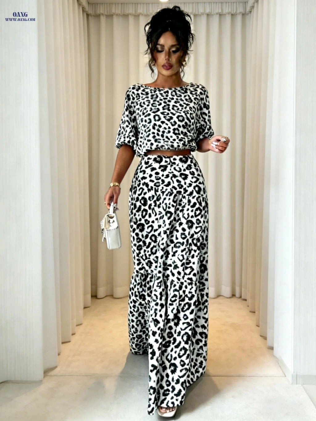 Elegant Leopard Print 2-Piece Set - Puff Sleeve Top & A-Line Skirt   OAXG 
