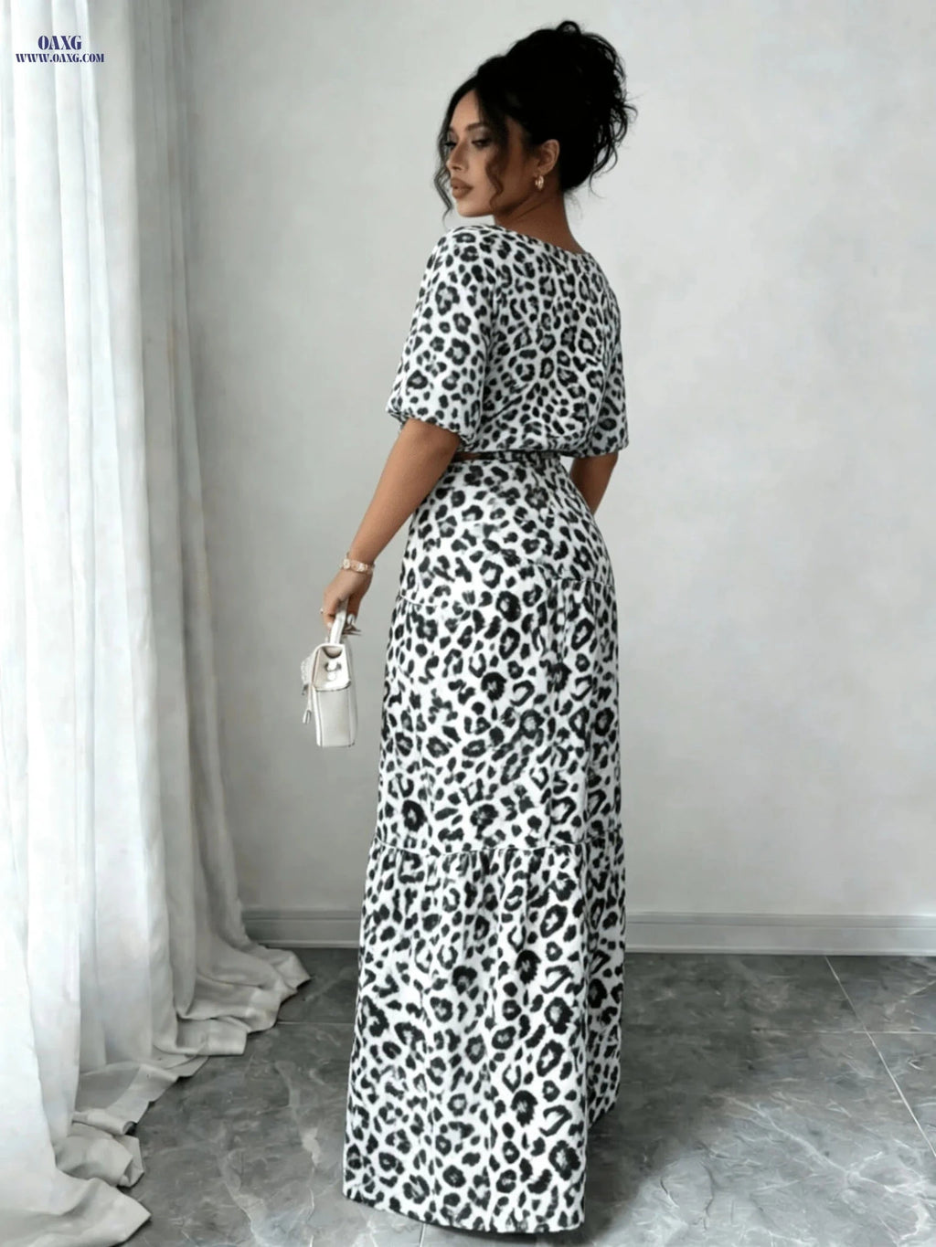 Elegant Leopard Print 2-Piece Set - Puff Sleeve Top & A-Line Skirt   OAXG 