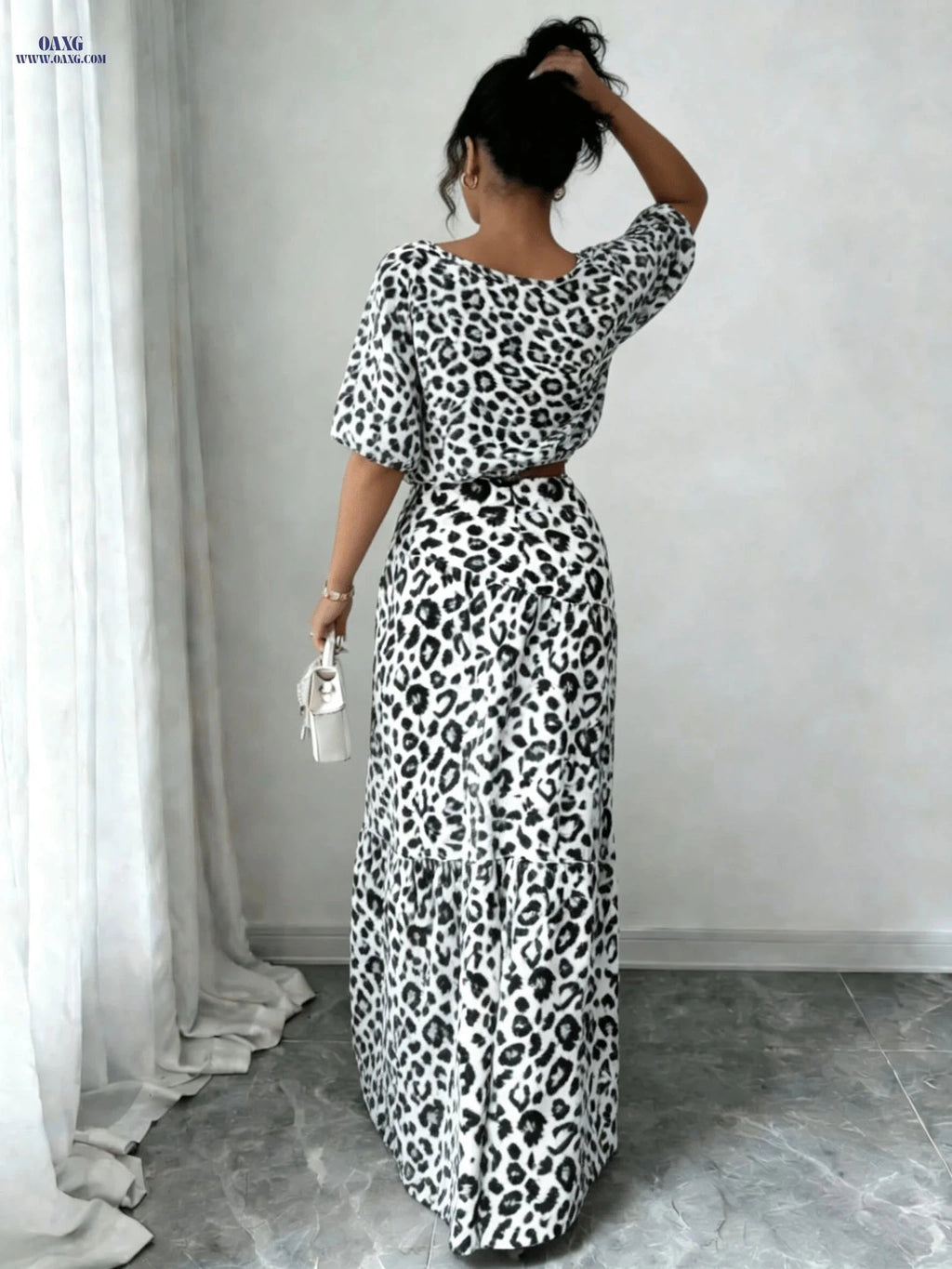 Elegant Leopard Print 2-Piece Set - Puff Sleeve Top & A-Line Skirt   OAXG Mixed colors / S